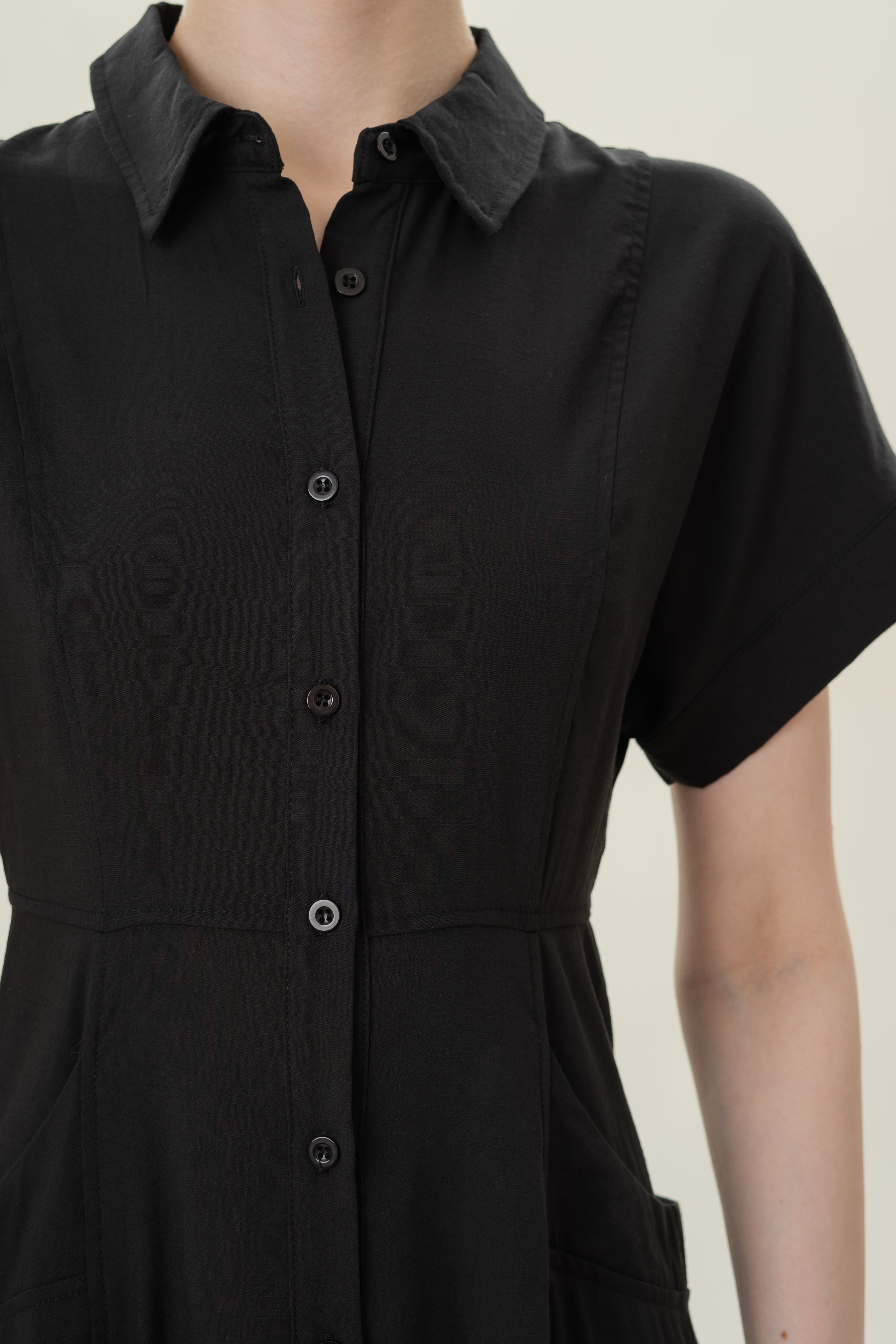 A-line Shirt Dress with Pockets in Black