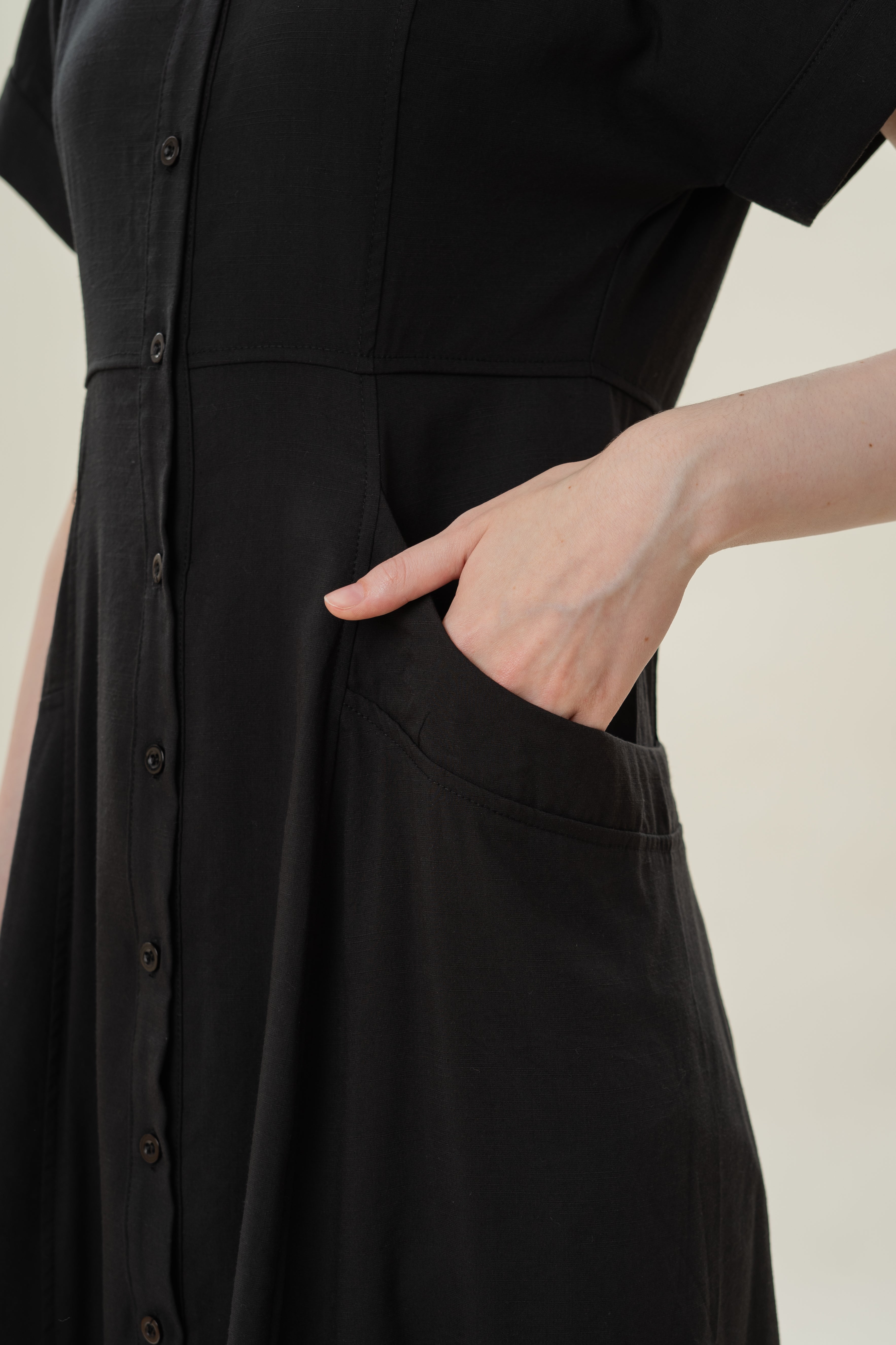 A-line Shirt Dress with Pockets in Black