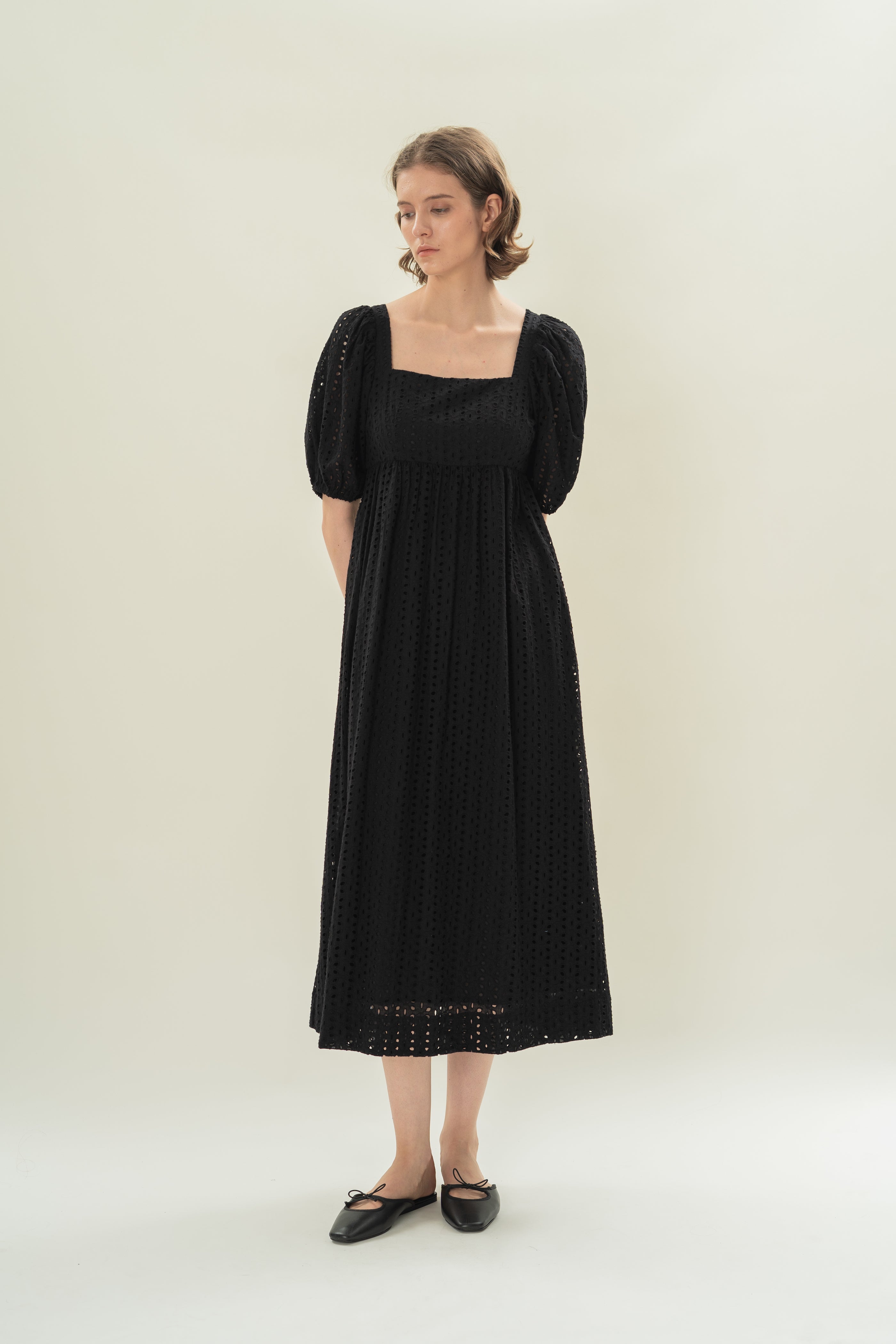 Broderie Midi Dress in Black