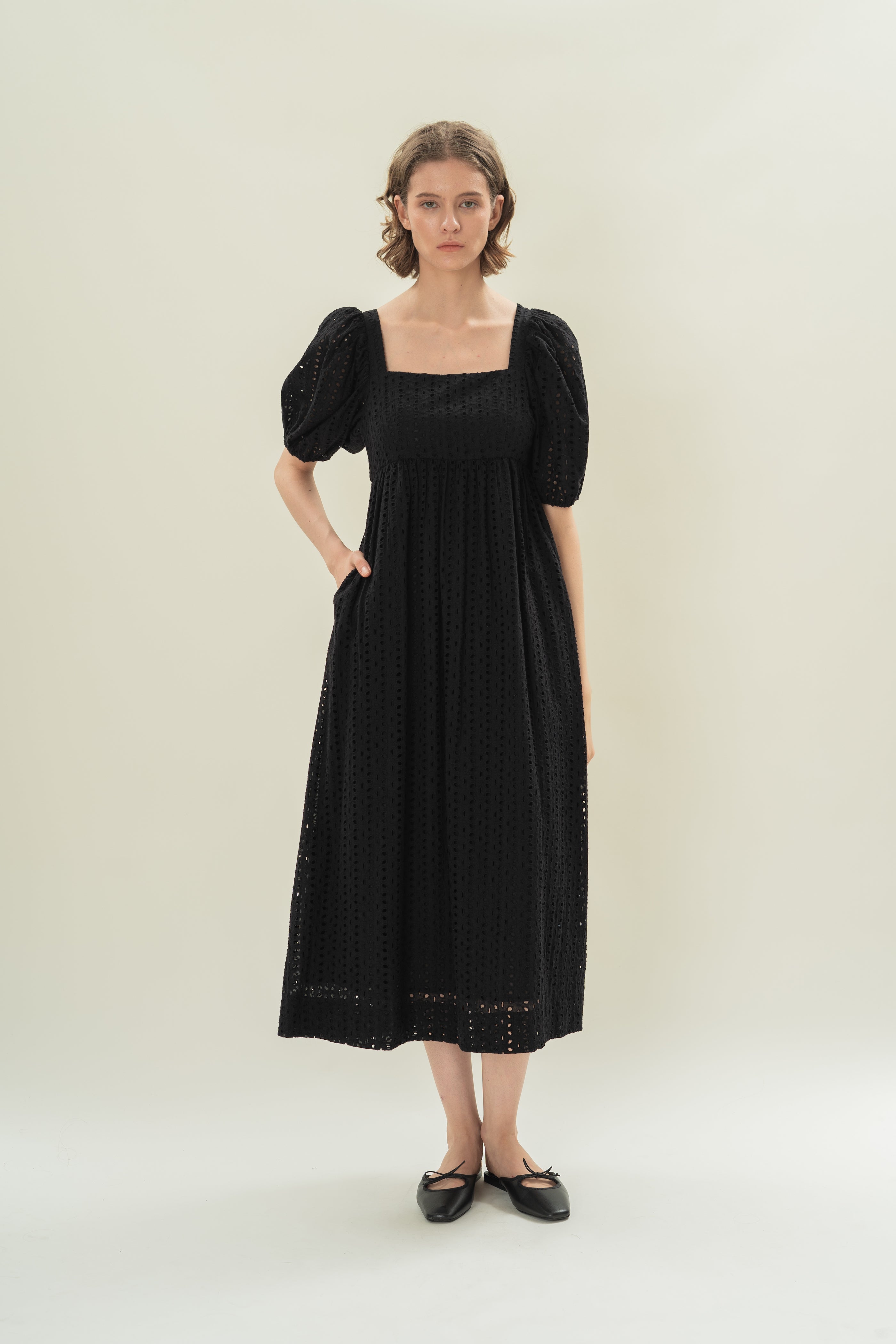 Broderie Midi Dress in Black