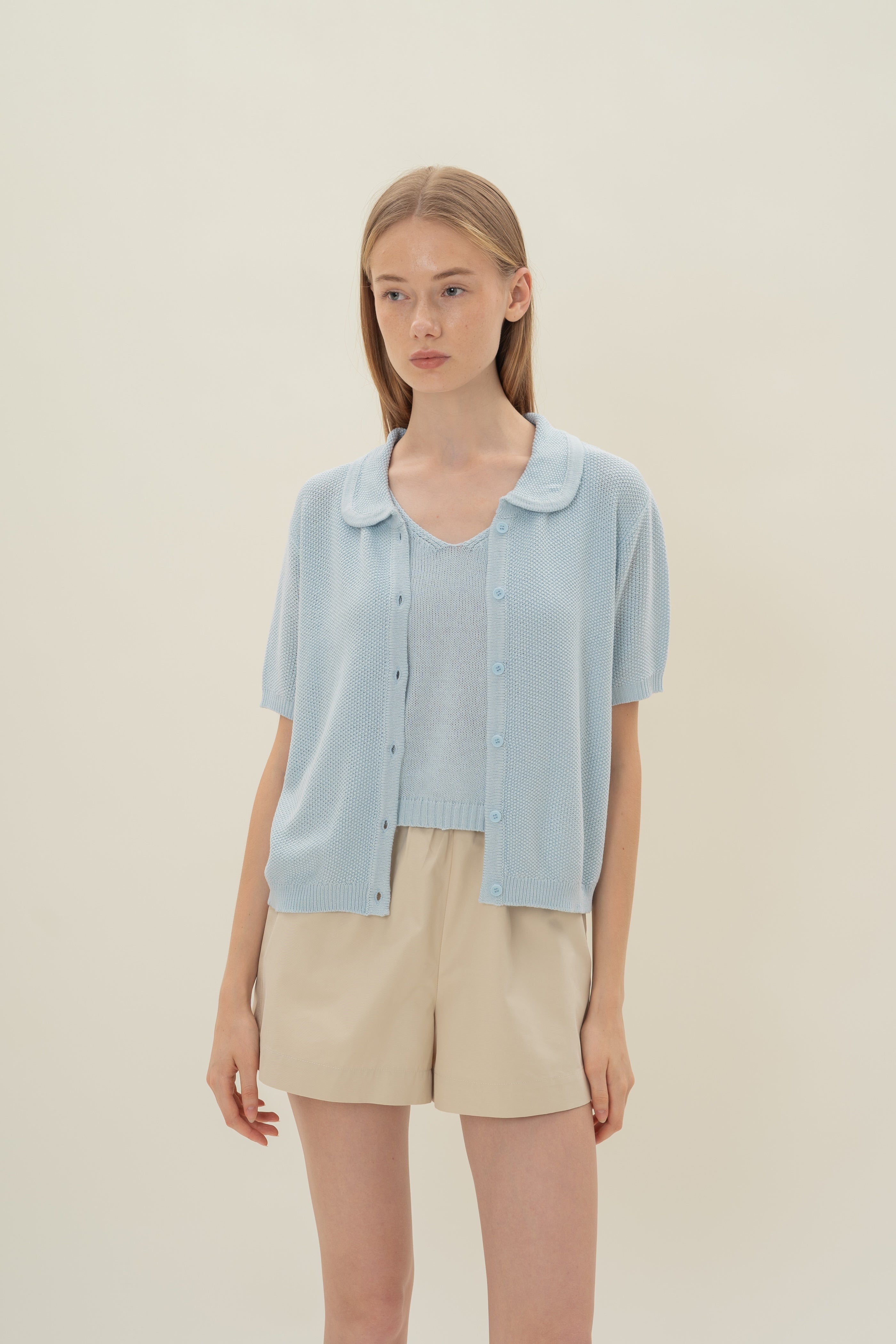 Loose Knit Collared Top in Lake Blue