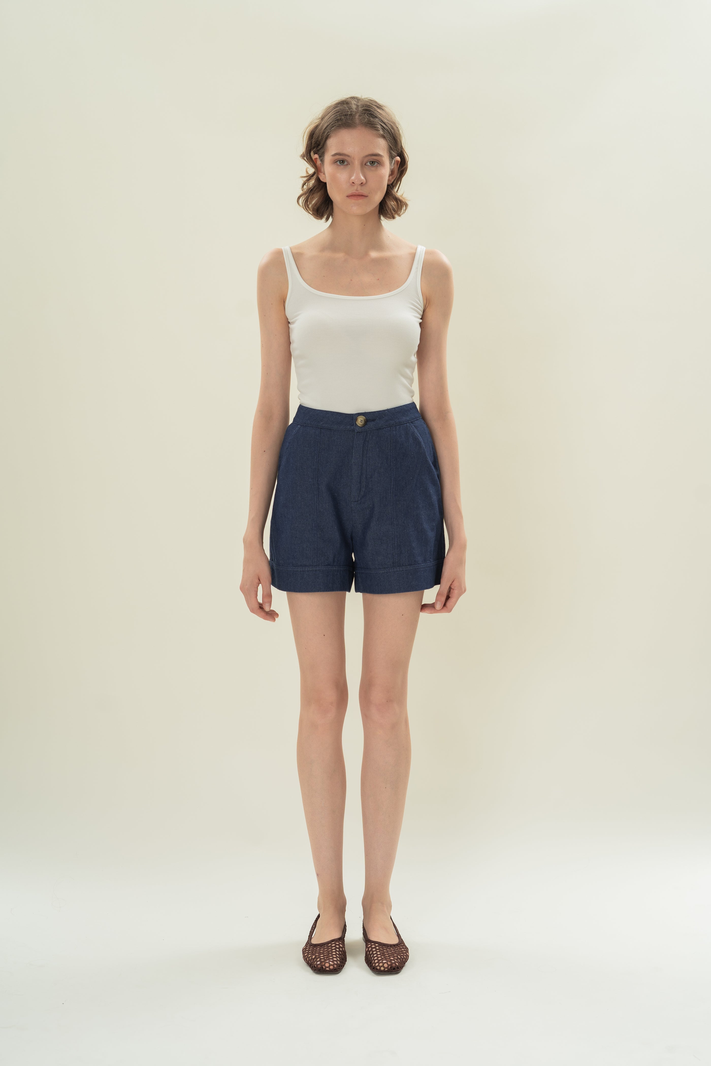 Denim Shorts with Seam Detailing in Mid Blue