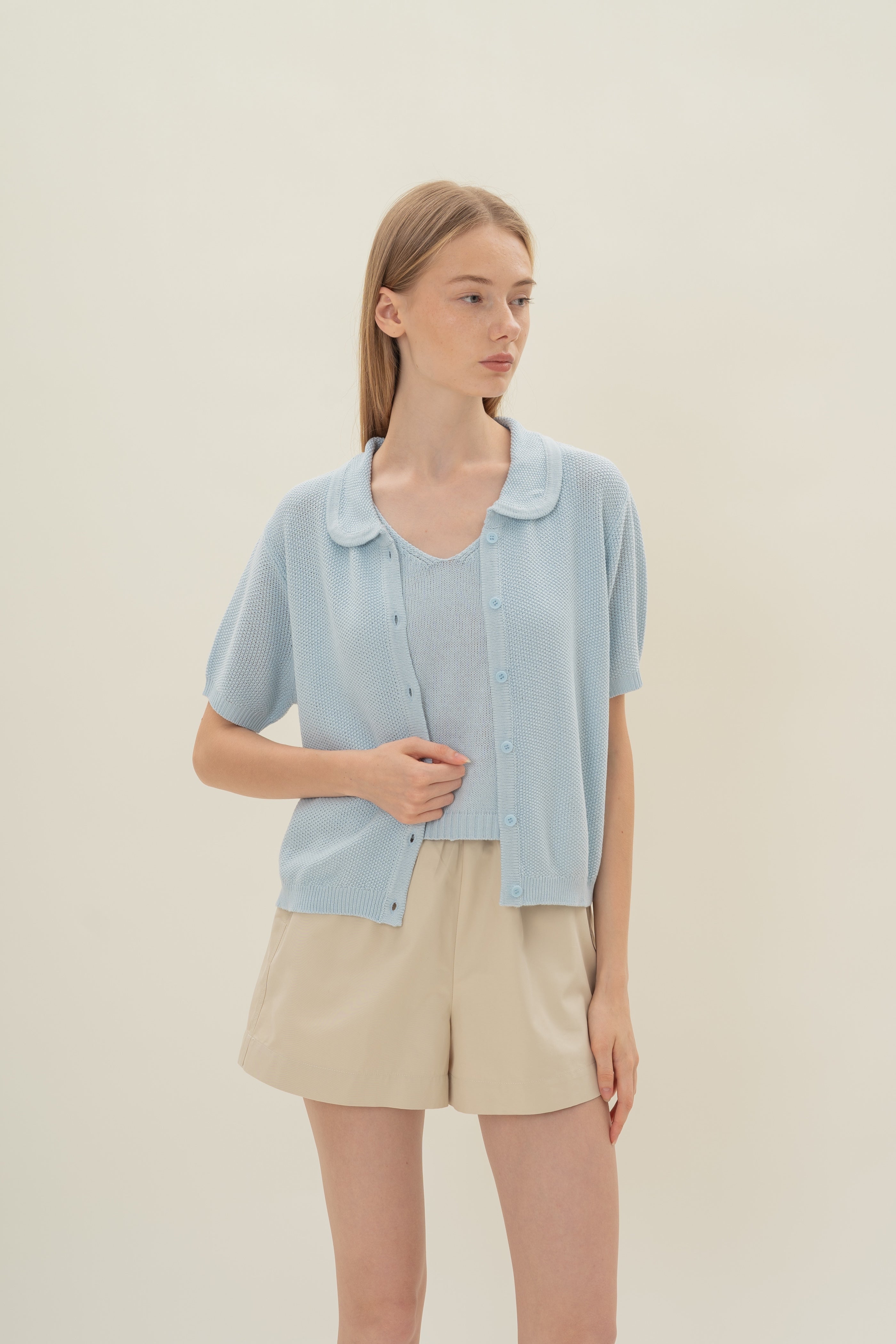 Loose Knit Collared Top in Lake Blue