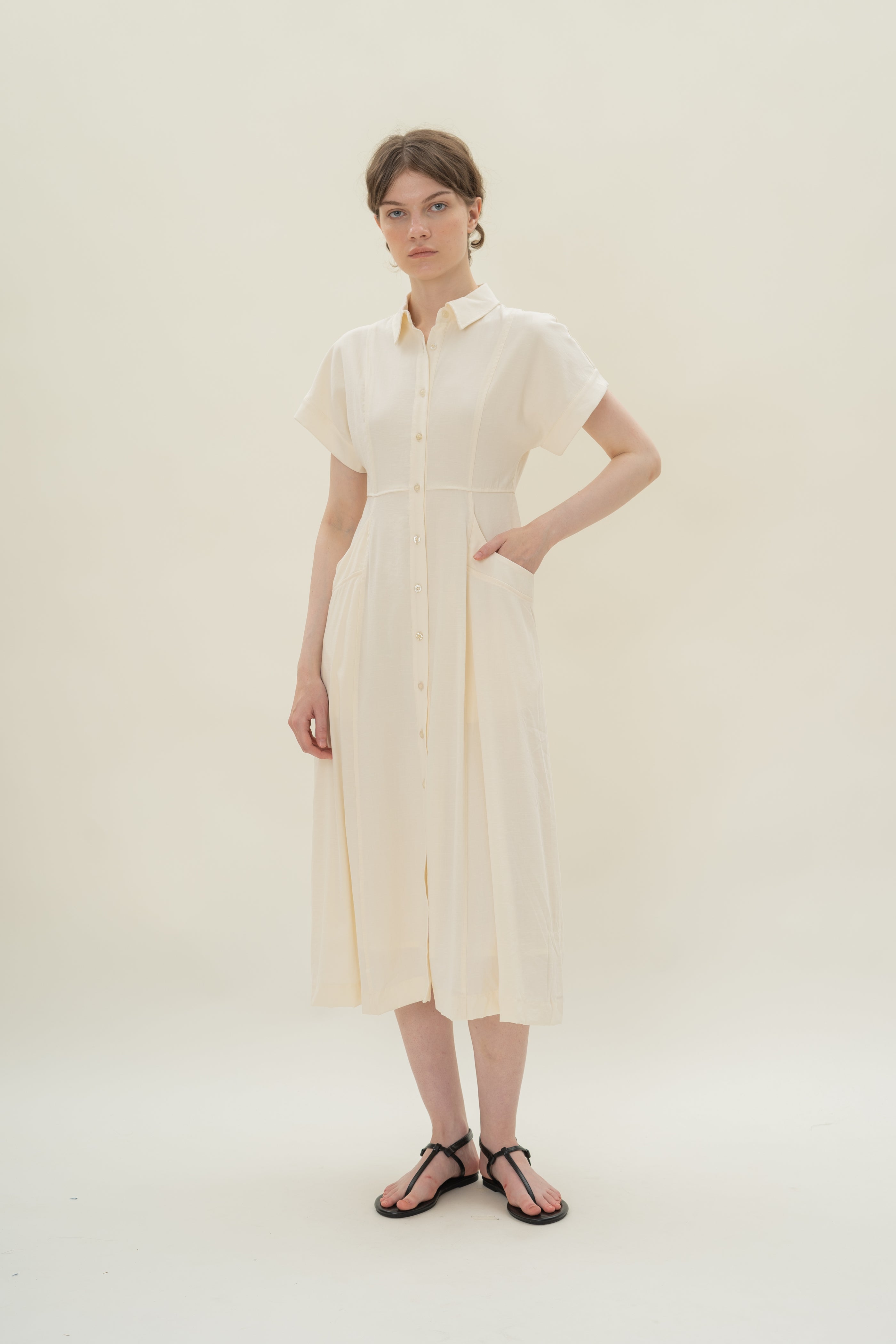 A-line Shirt Dress with Pockets in Natural