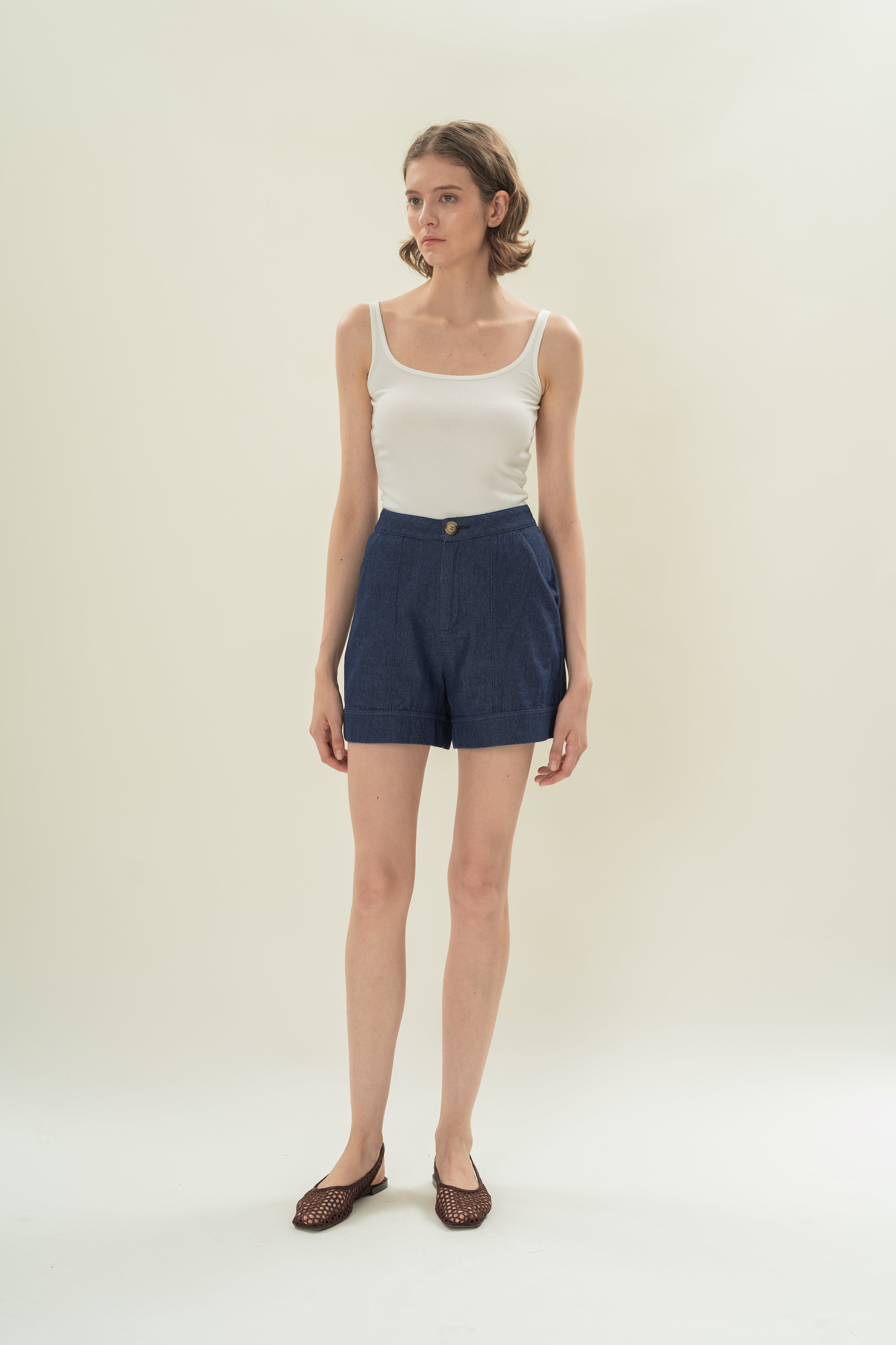 Denim Shorts with Seam Detailing in Mid Blue