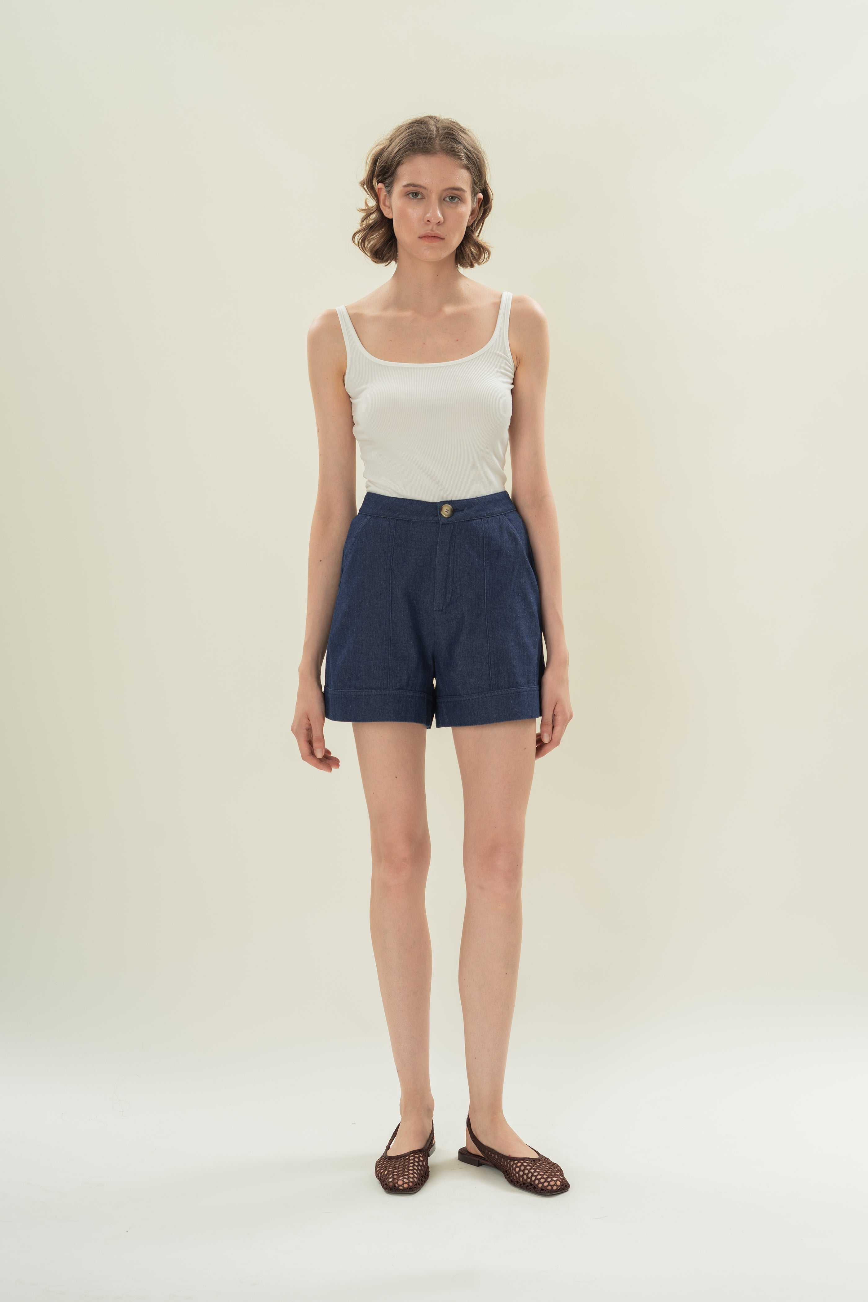 Denim Shorts with Seam Detailing in Mid Blue