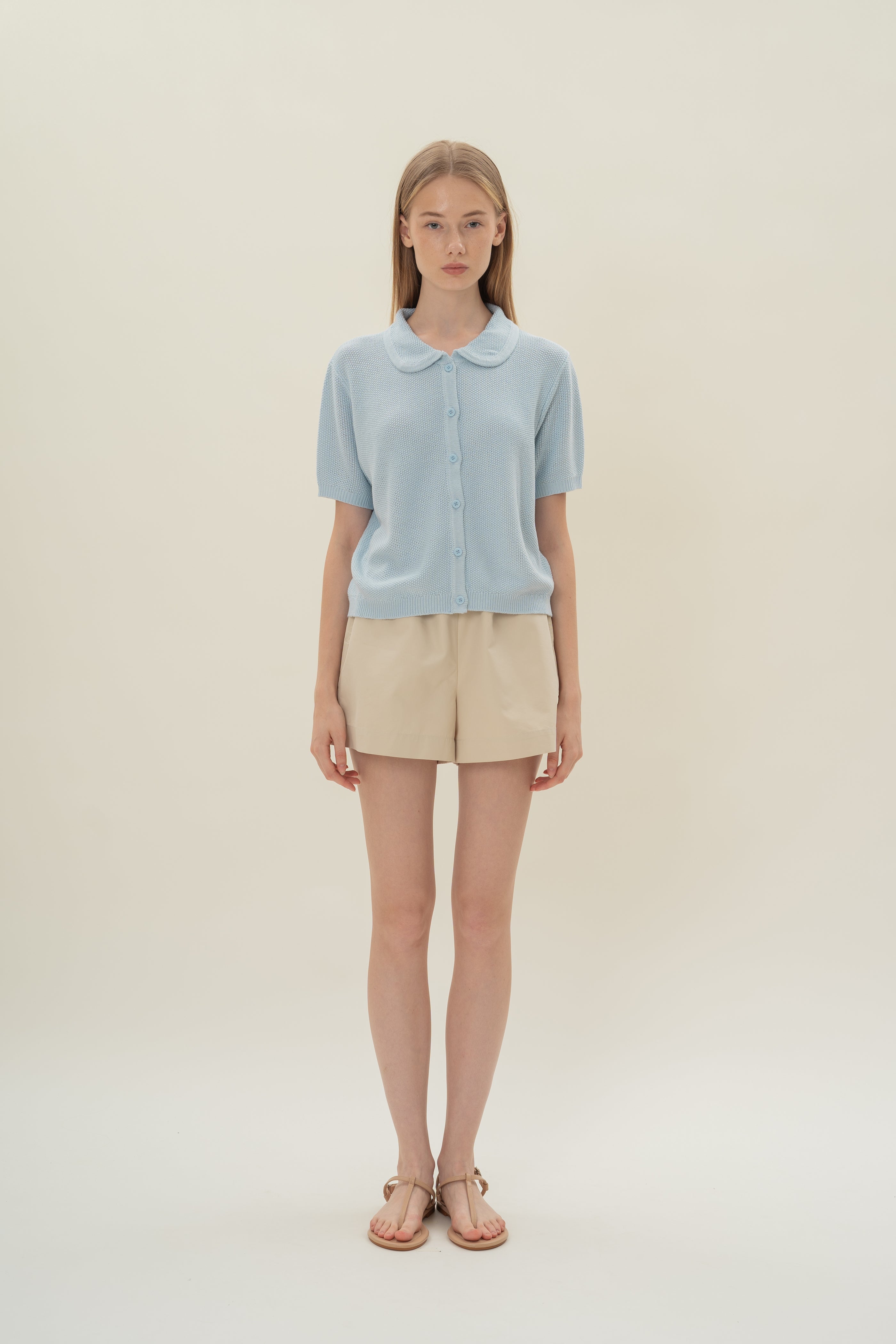 Loose Knit Collared Top in Lake Blue