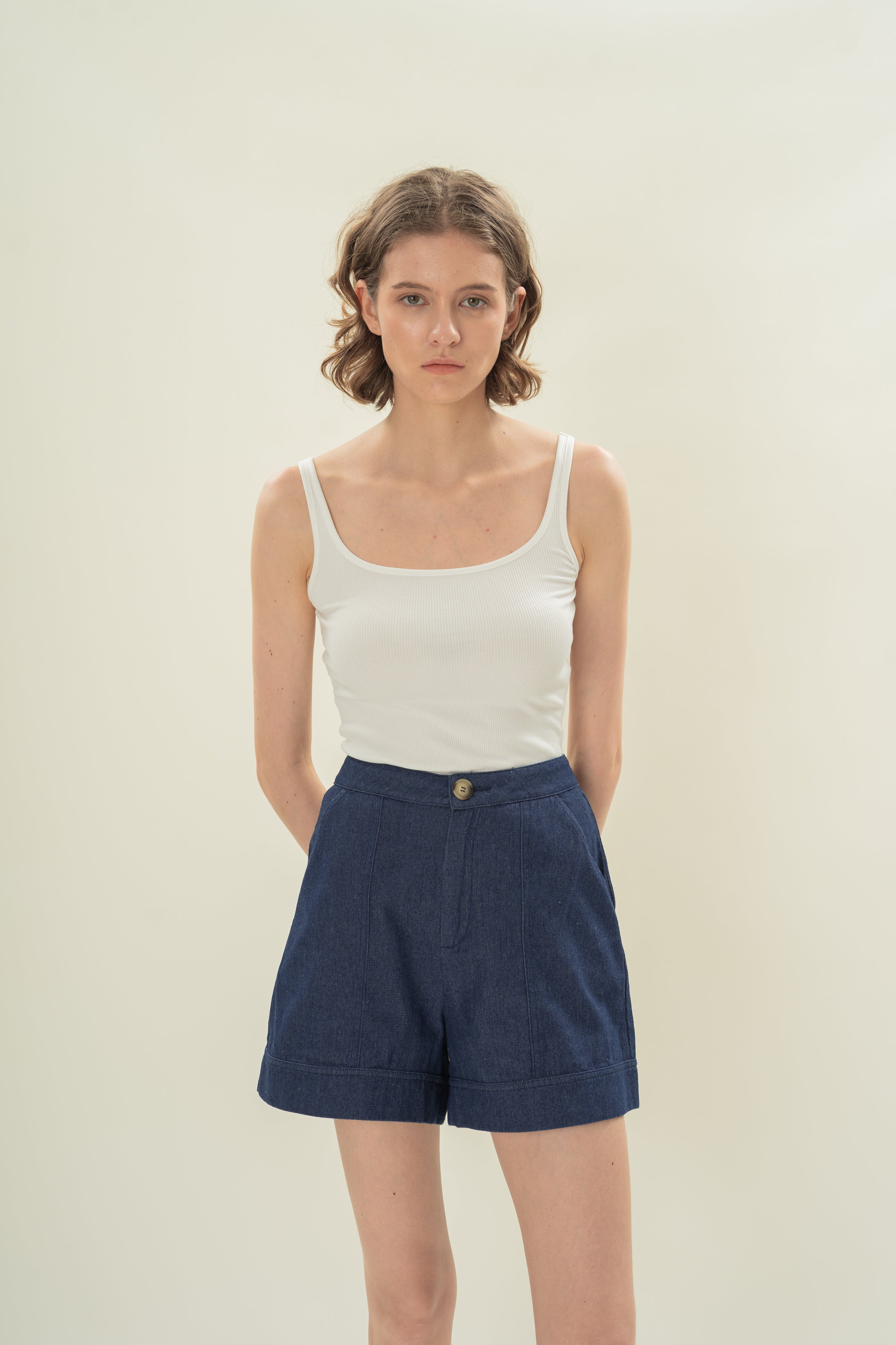 Denim Shorts with Seam Detailing in Mid Blue