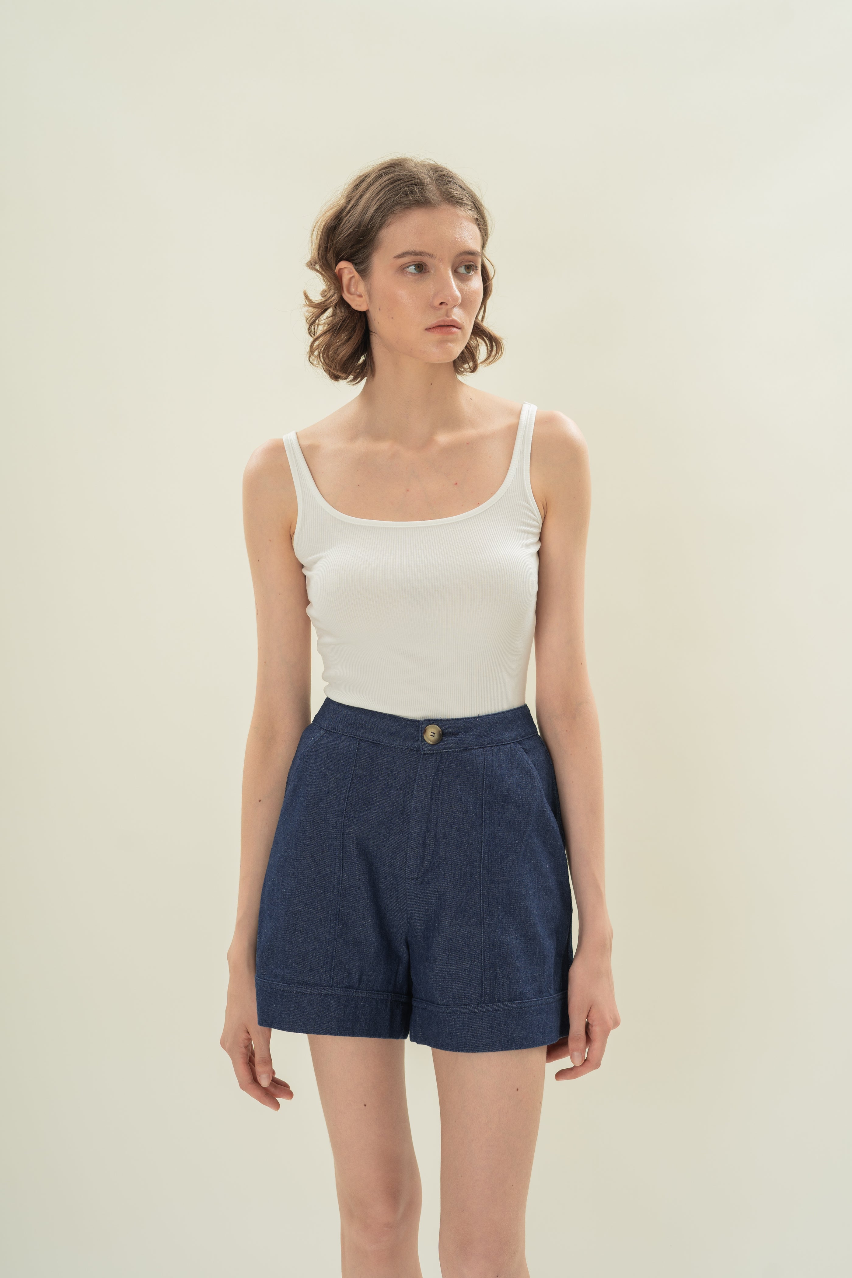 Denim Shorts with Seam Detailing in Mid Blue