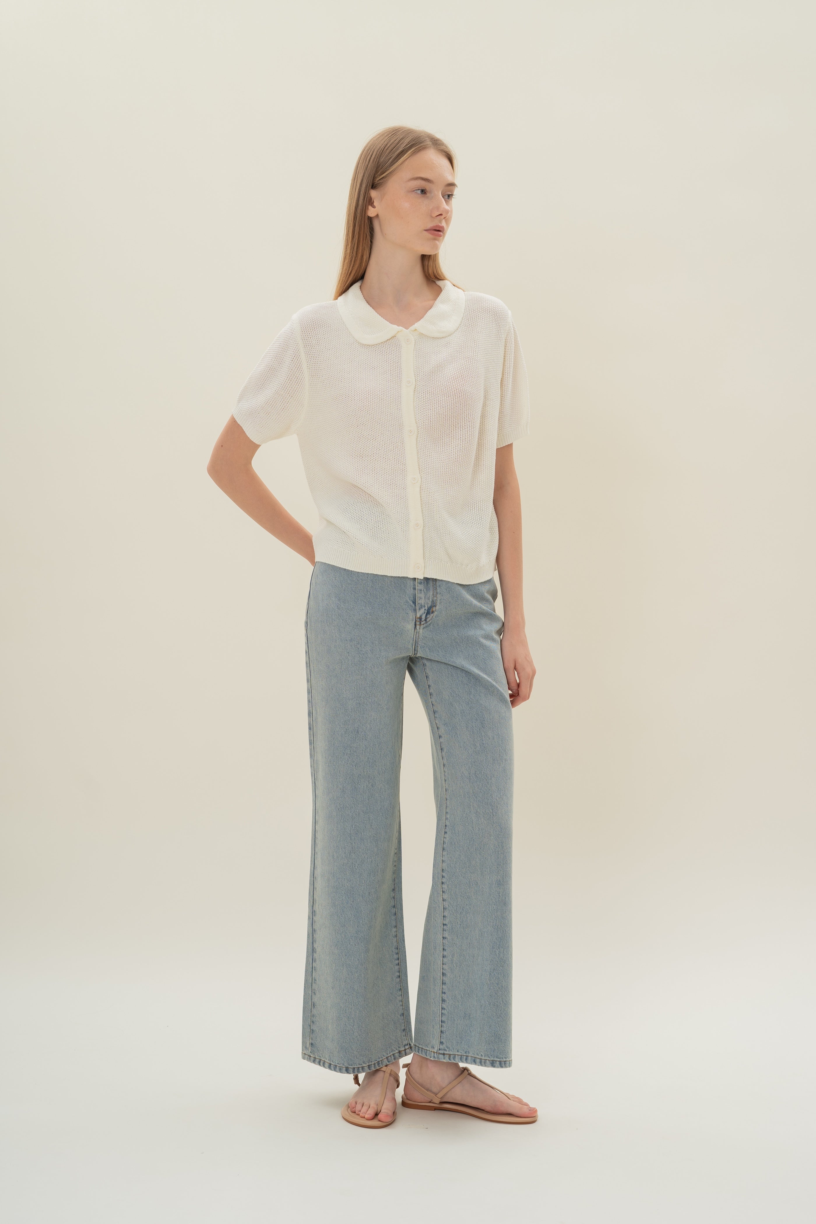 Loose Knit Collared Top in White