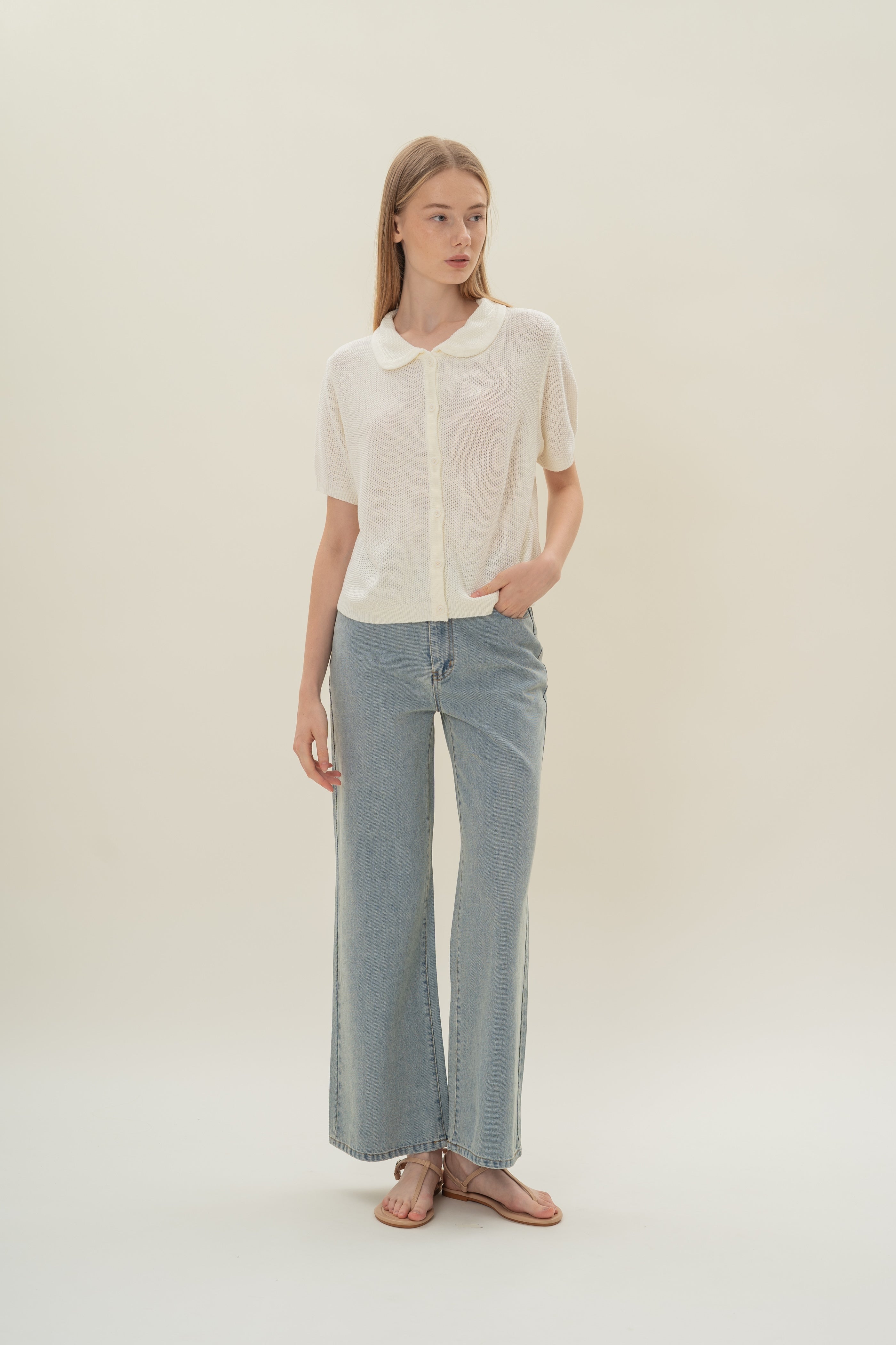 Loose Knit Collared Top in White