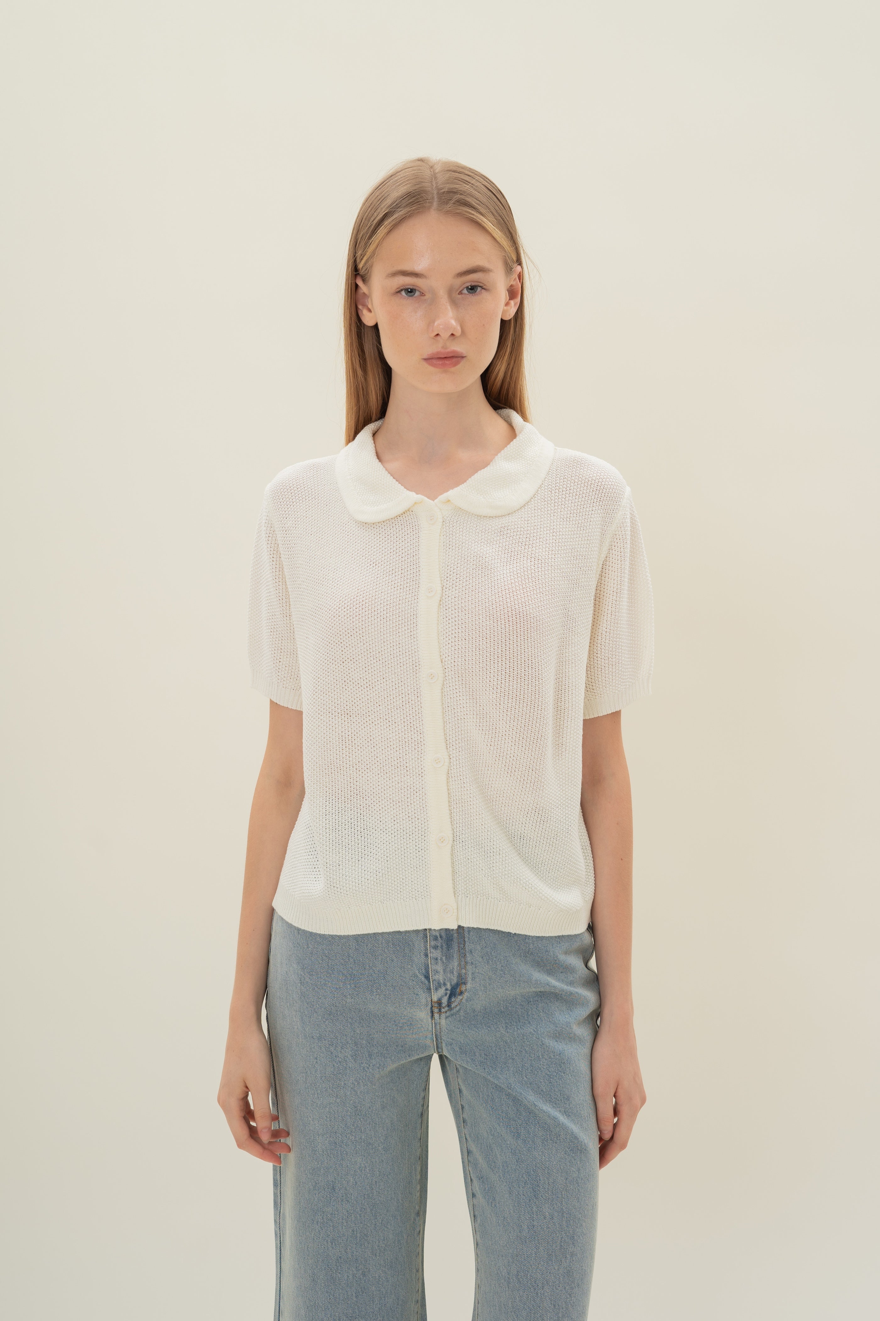 Loose Knit Collared Top in White
