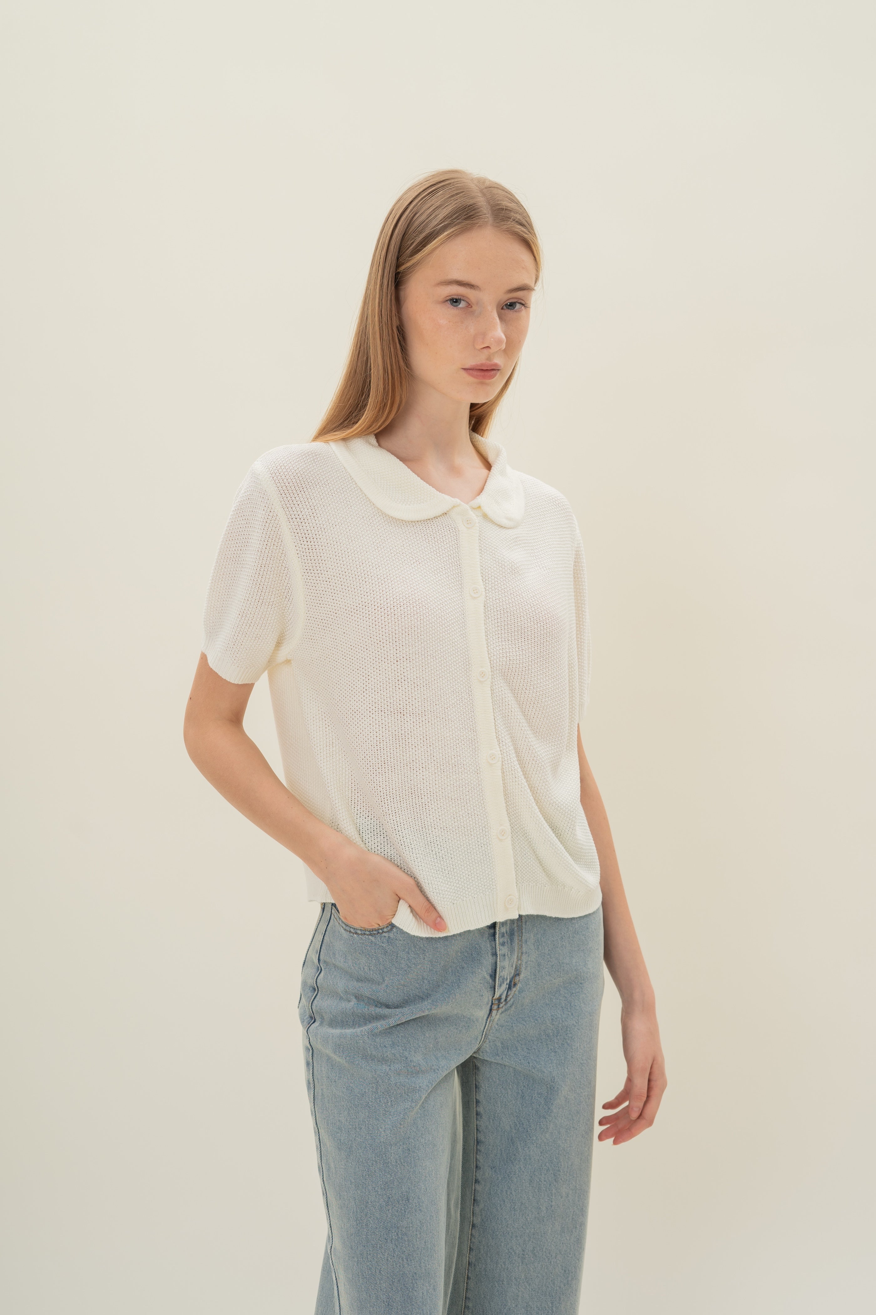 Loose Knit Collared Top in White