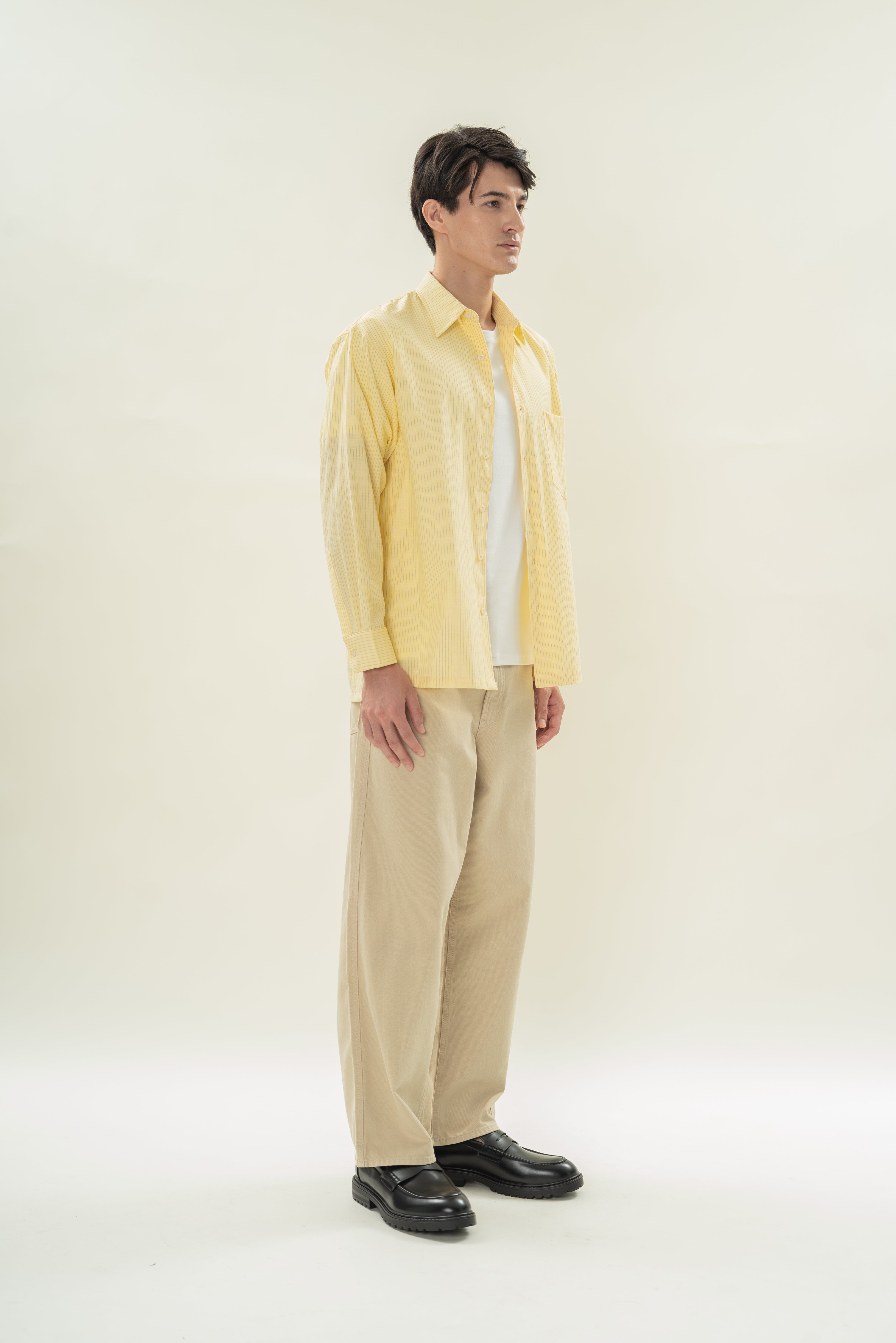 Men's Linen Blend Long Sleeved Shirt in Lemon Stripes
