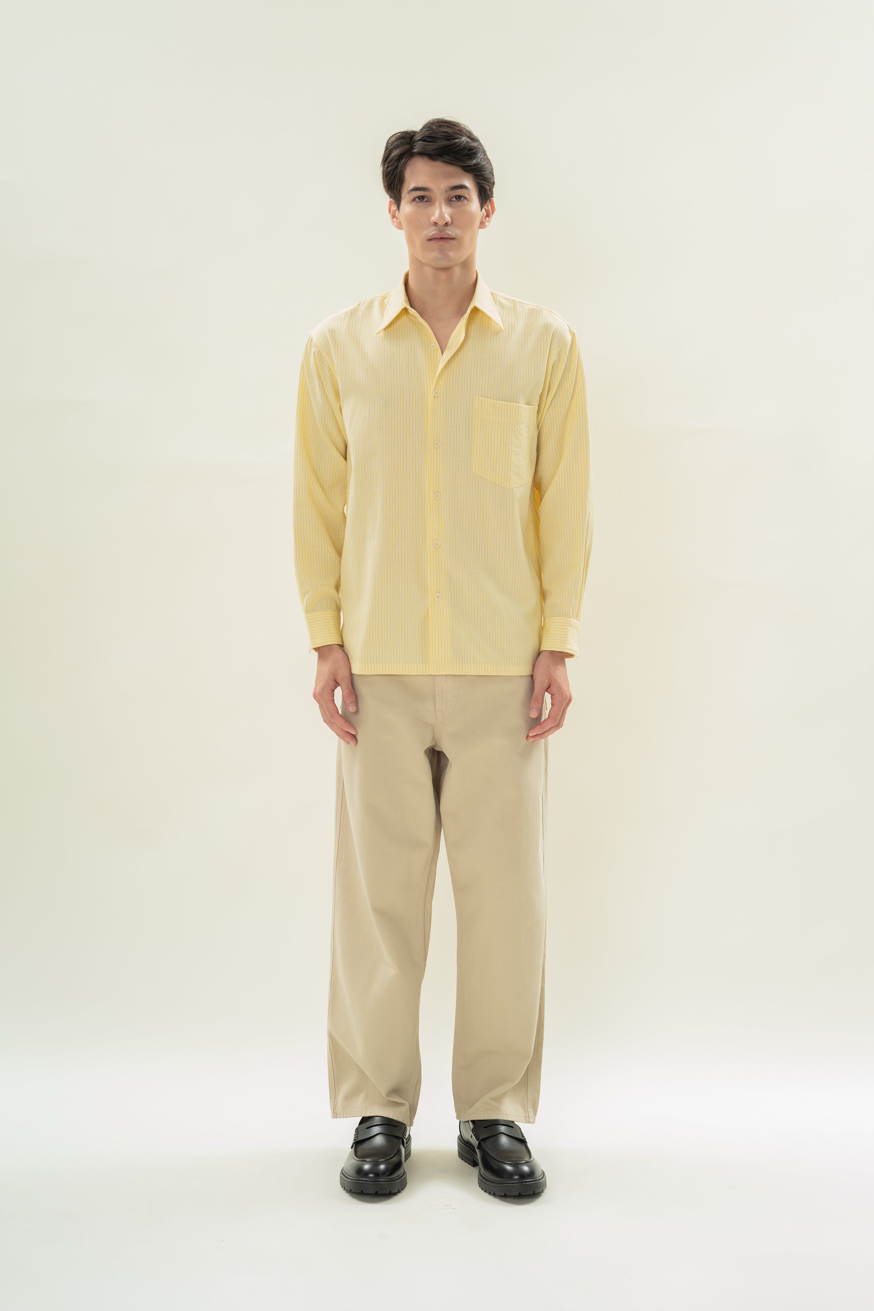Men's Linen Blend Long Sleeved Shirt in Lemon Stripes