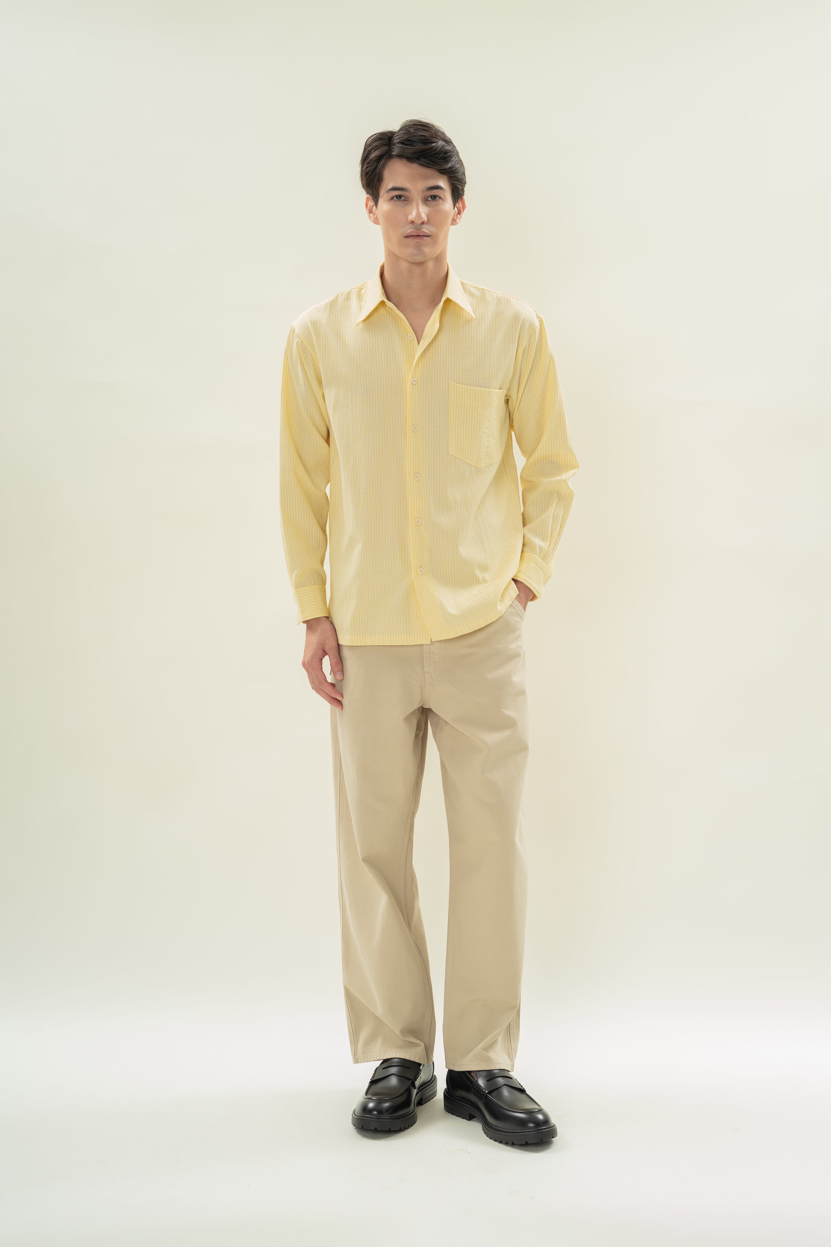 Men's Linen Blend Long Sleeved Shirt in Lemon Stripes