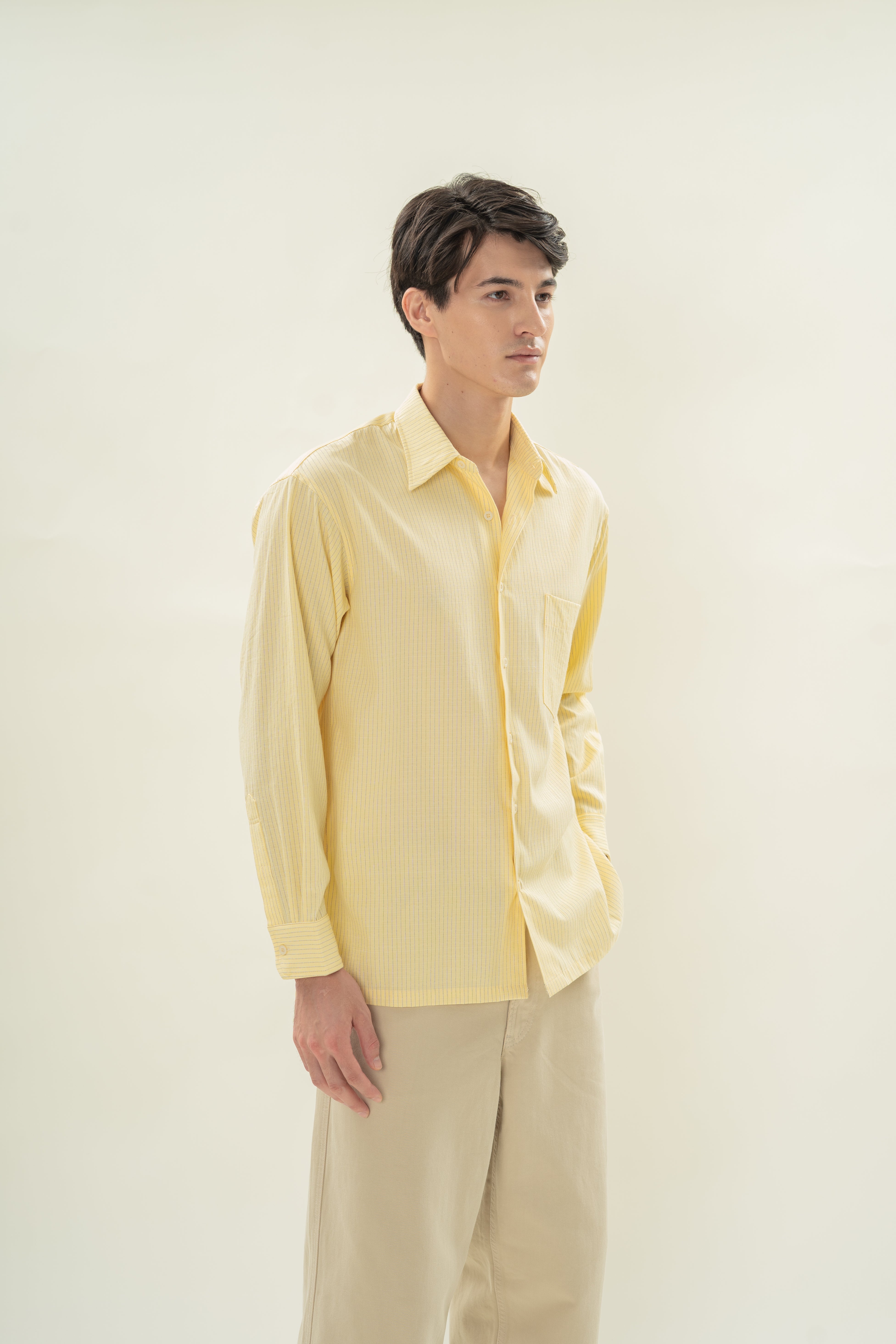 Men's Linen Blend Long Sleeved Shirt in Lemon Stripes