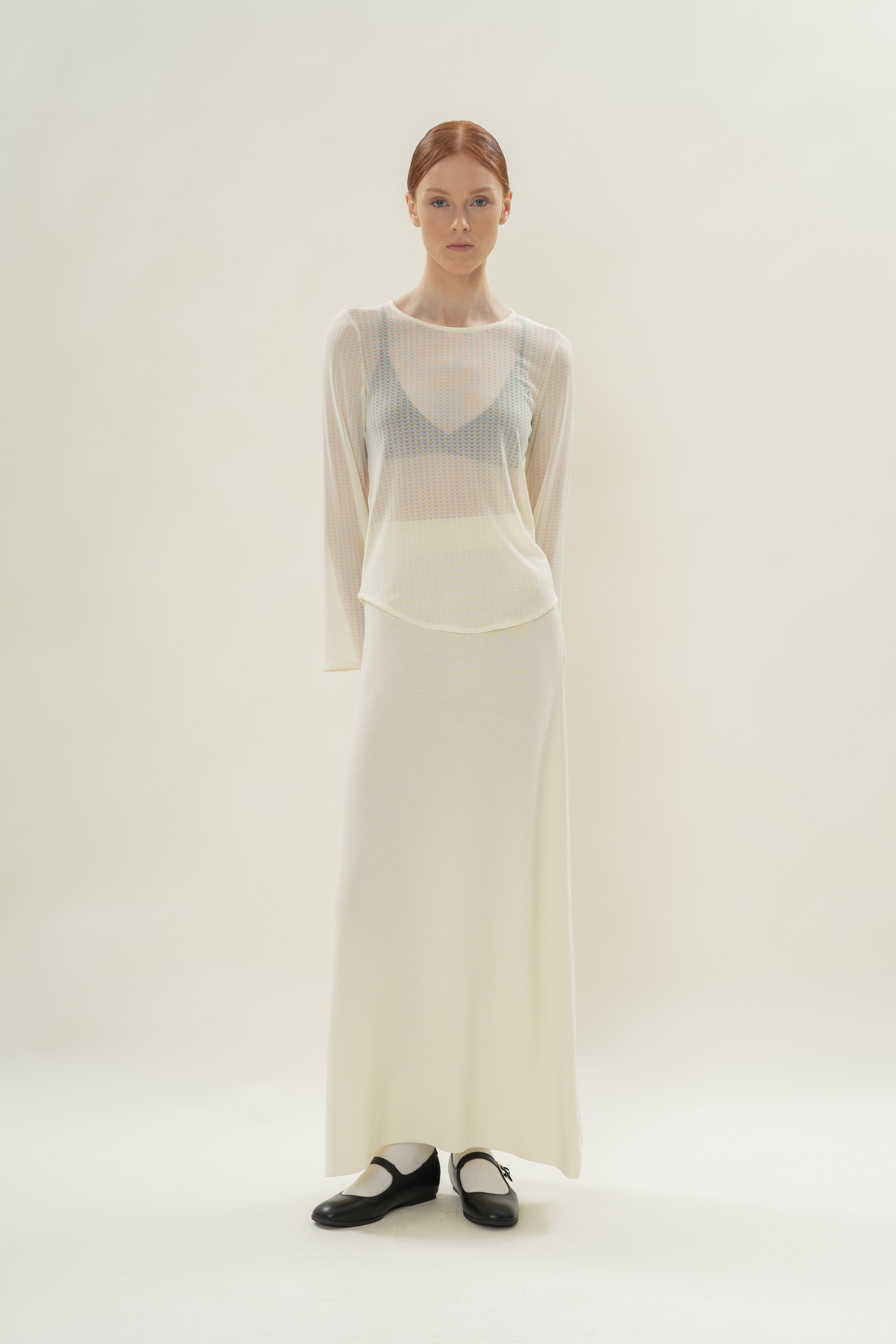 Stretch-Mesh Long Sleeved Top in Eggnog