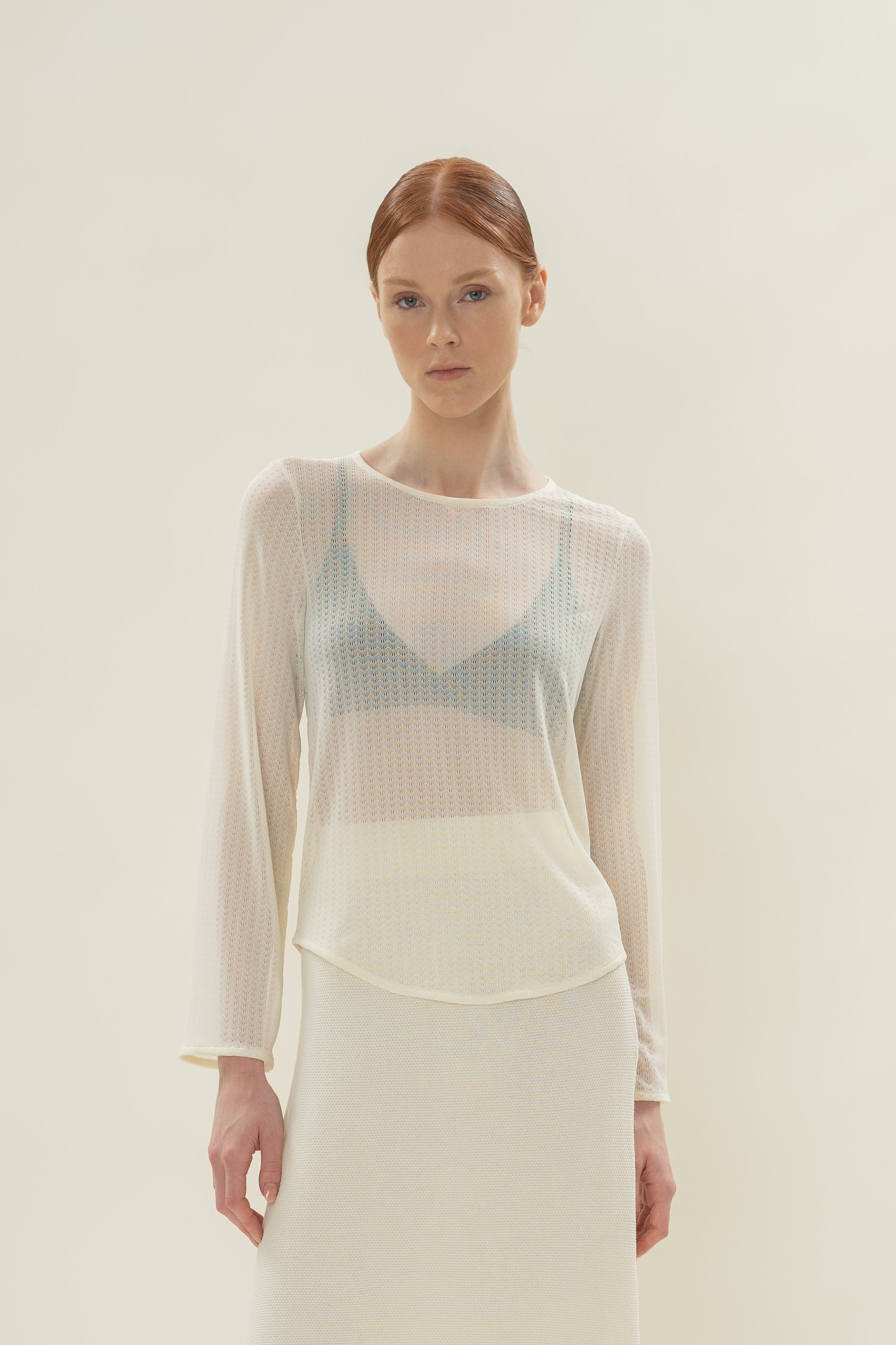 Stretch-Mesh Long Sleeved Top in Eggnog