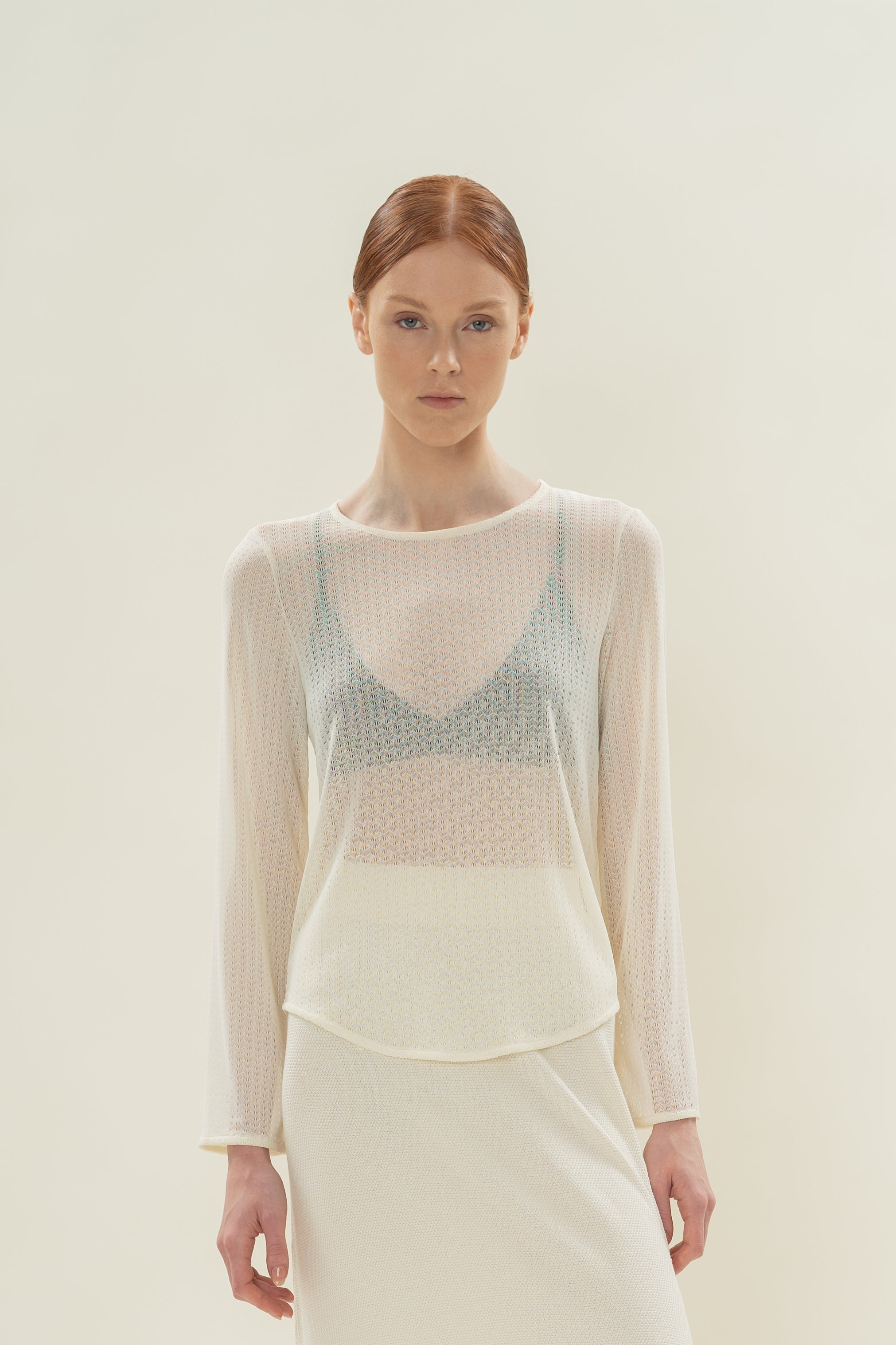 Stretch-Mesh Long Sleeved Top in Eggnog