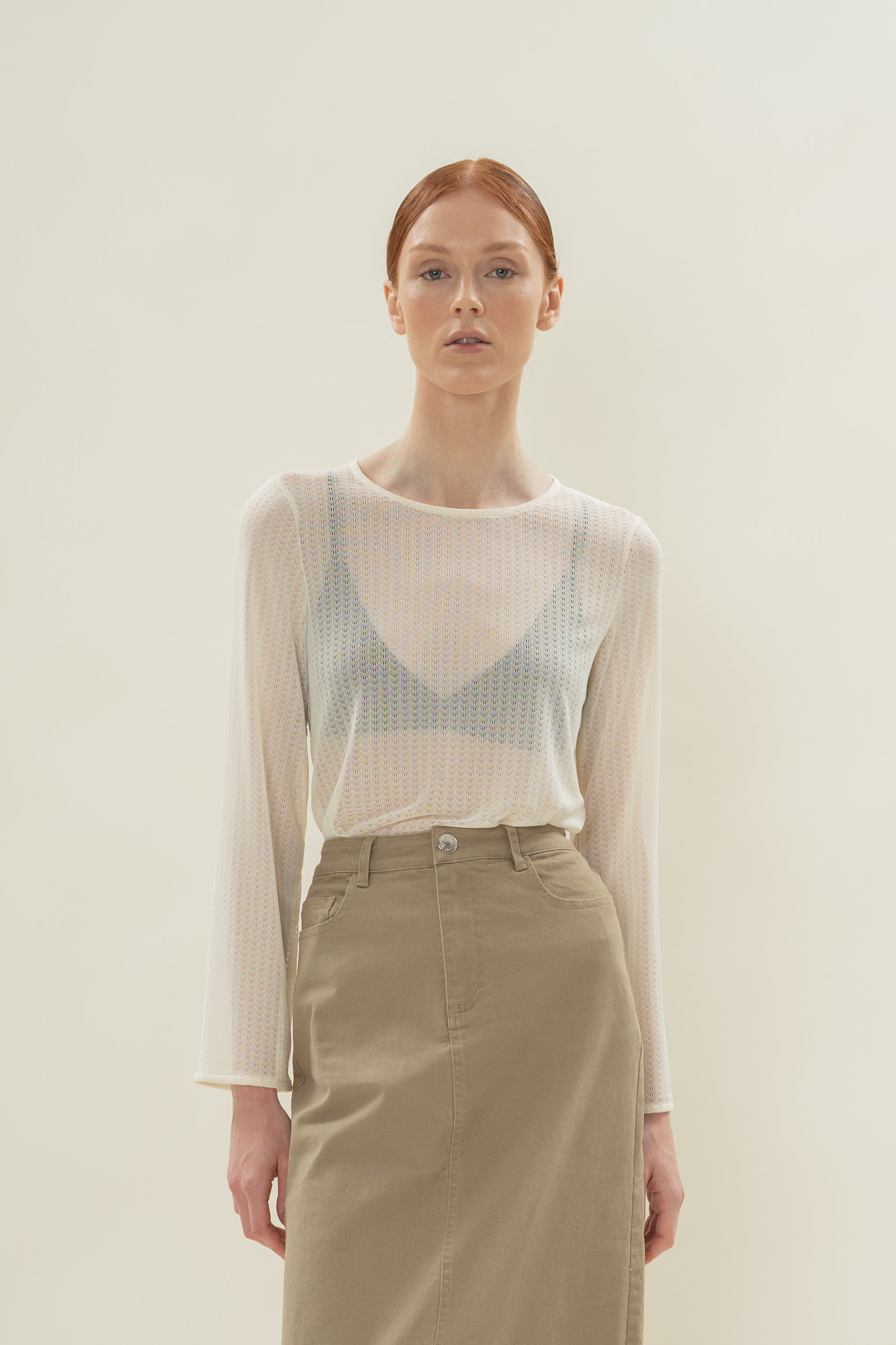 Stretch-Mesh Long Sleeved Top in Eggnog