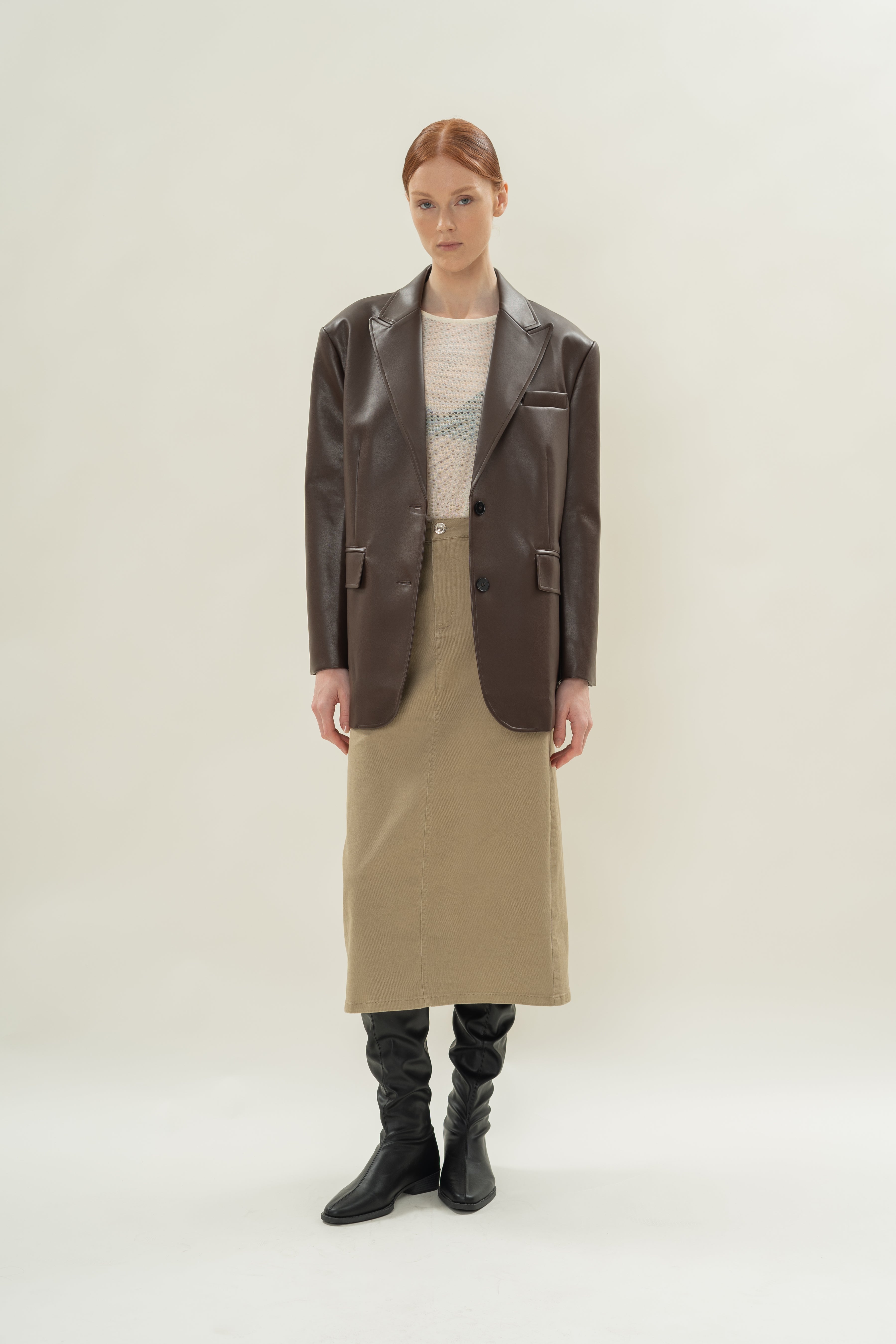 Faux Leather Blazer in Umber