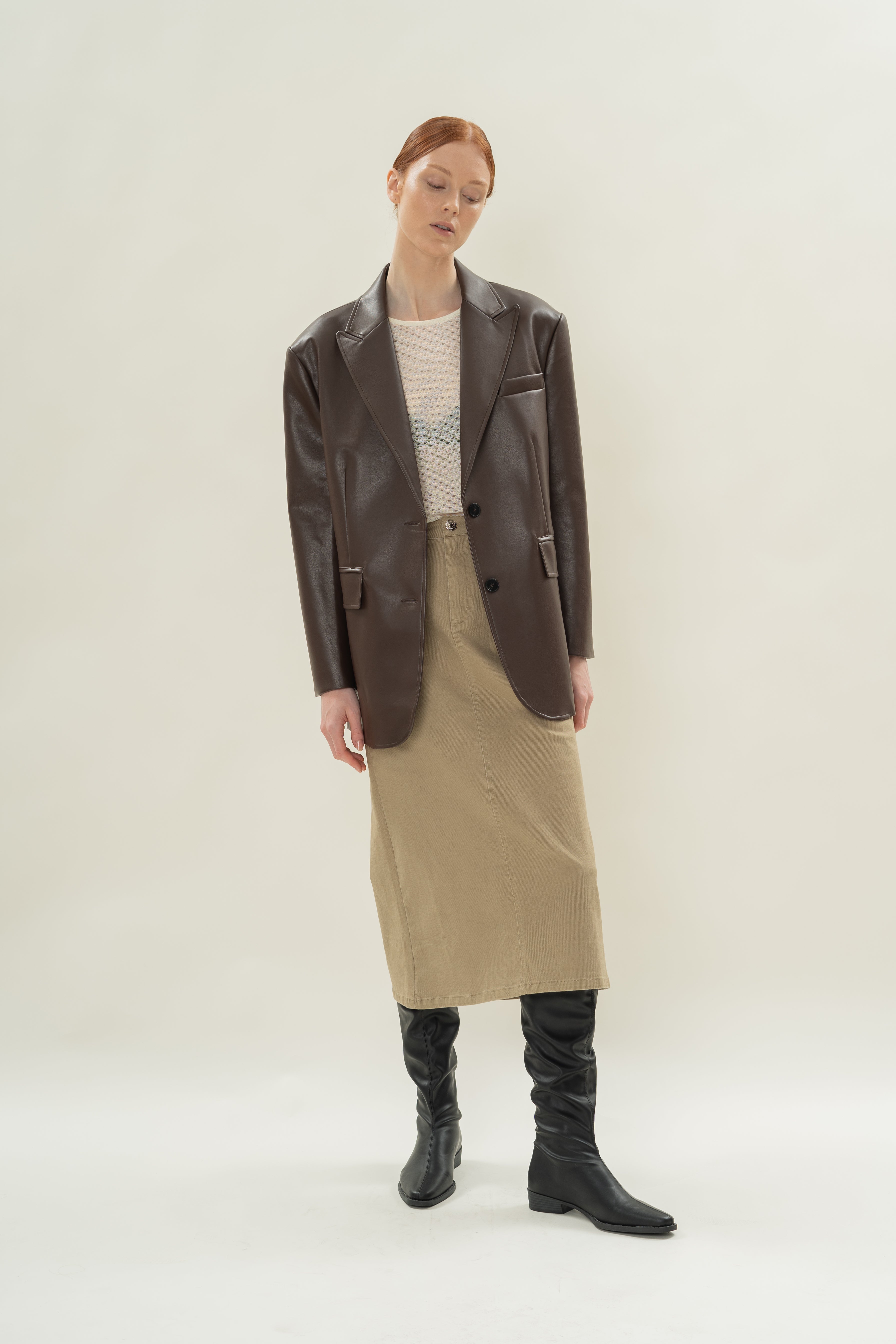 Faux Leather Blazer in Umber