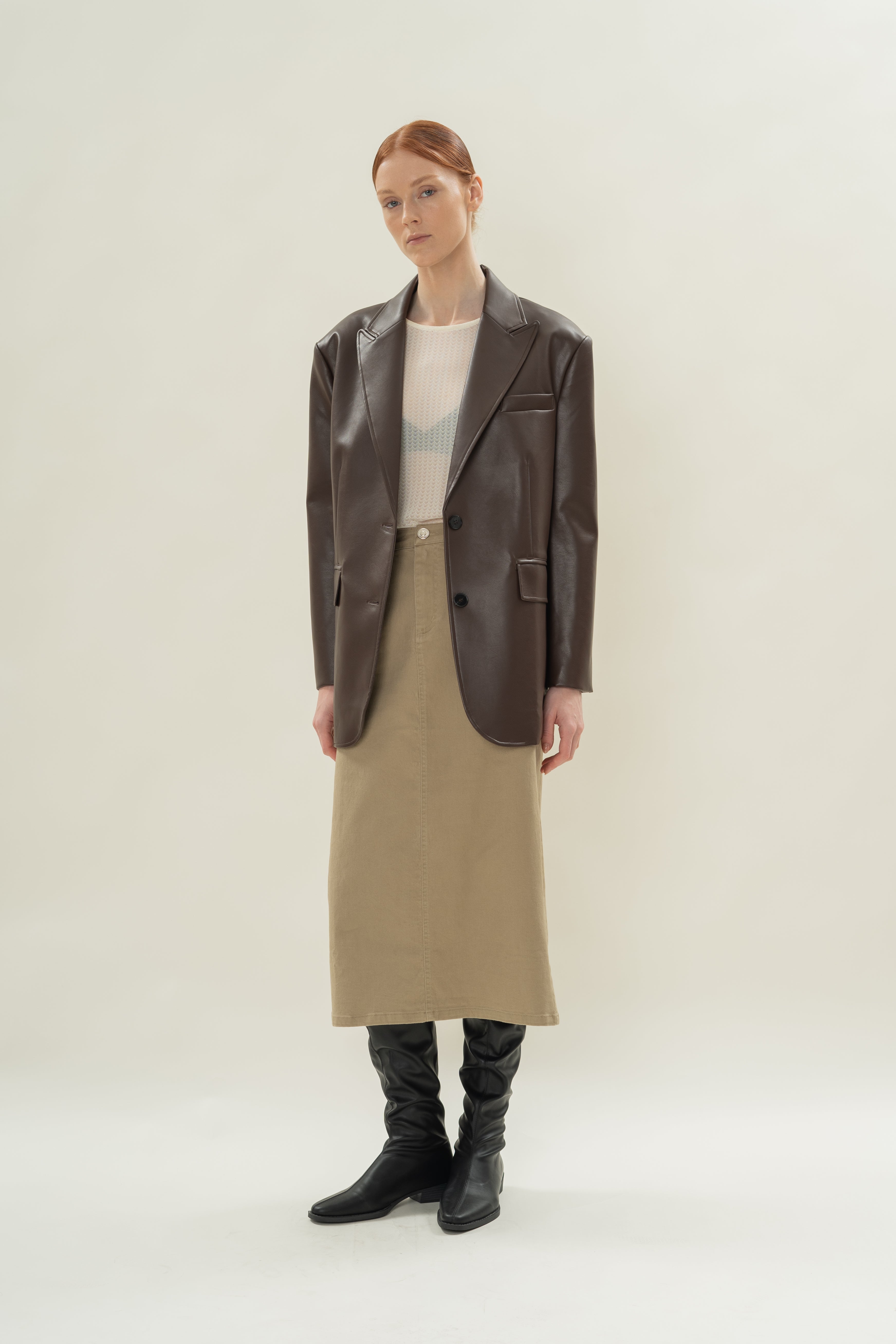 Faux Leather Blazer in Umber