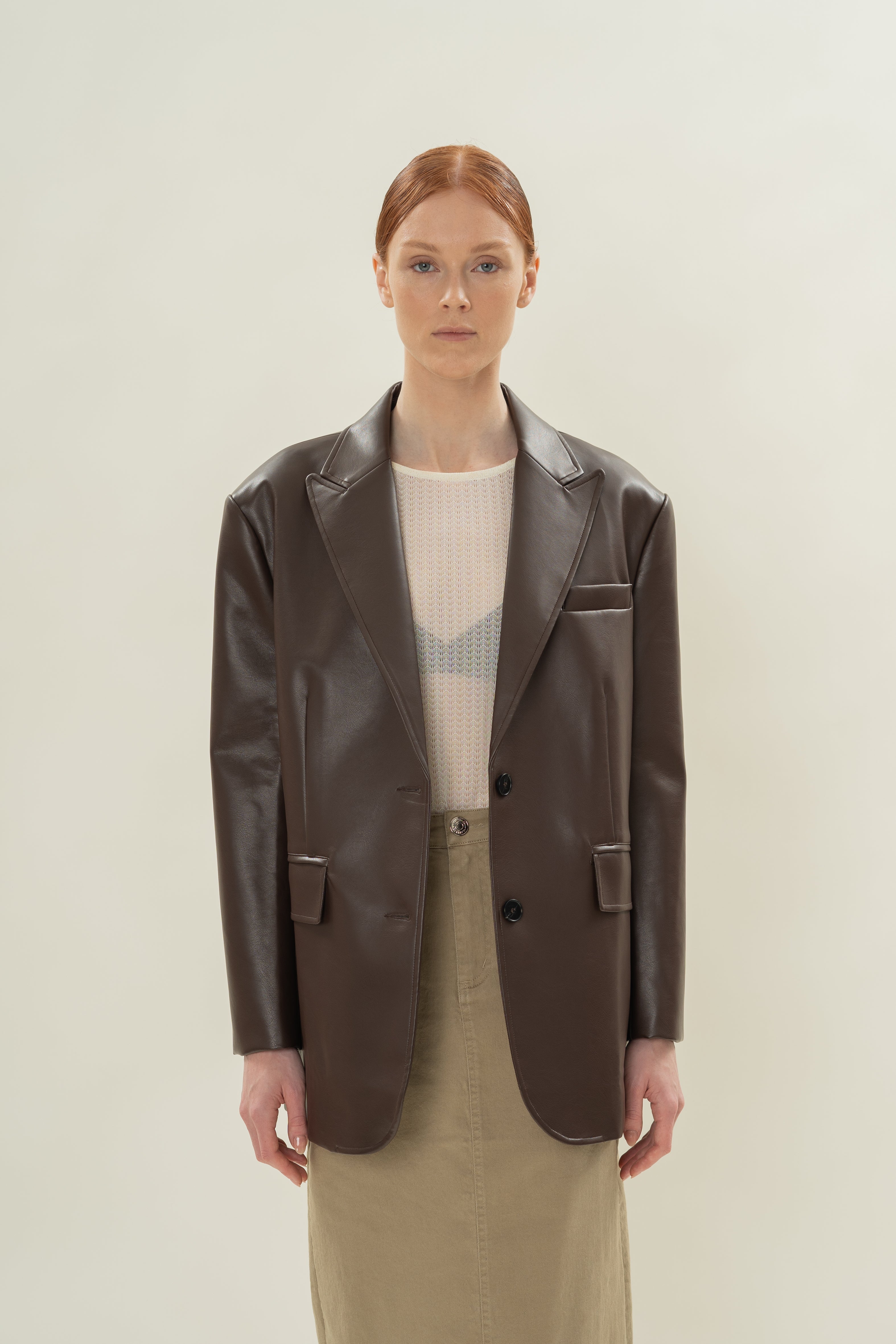 Faux Leather Blazer in Umber