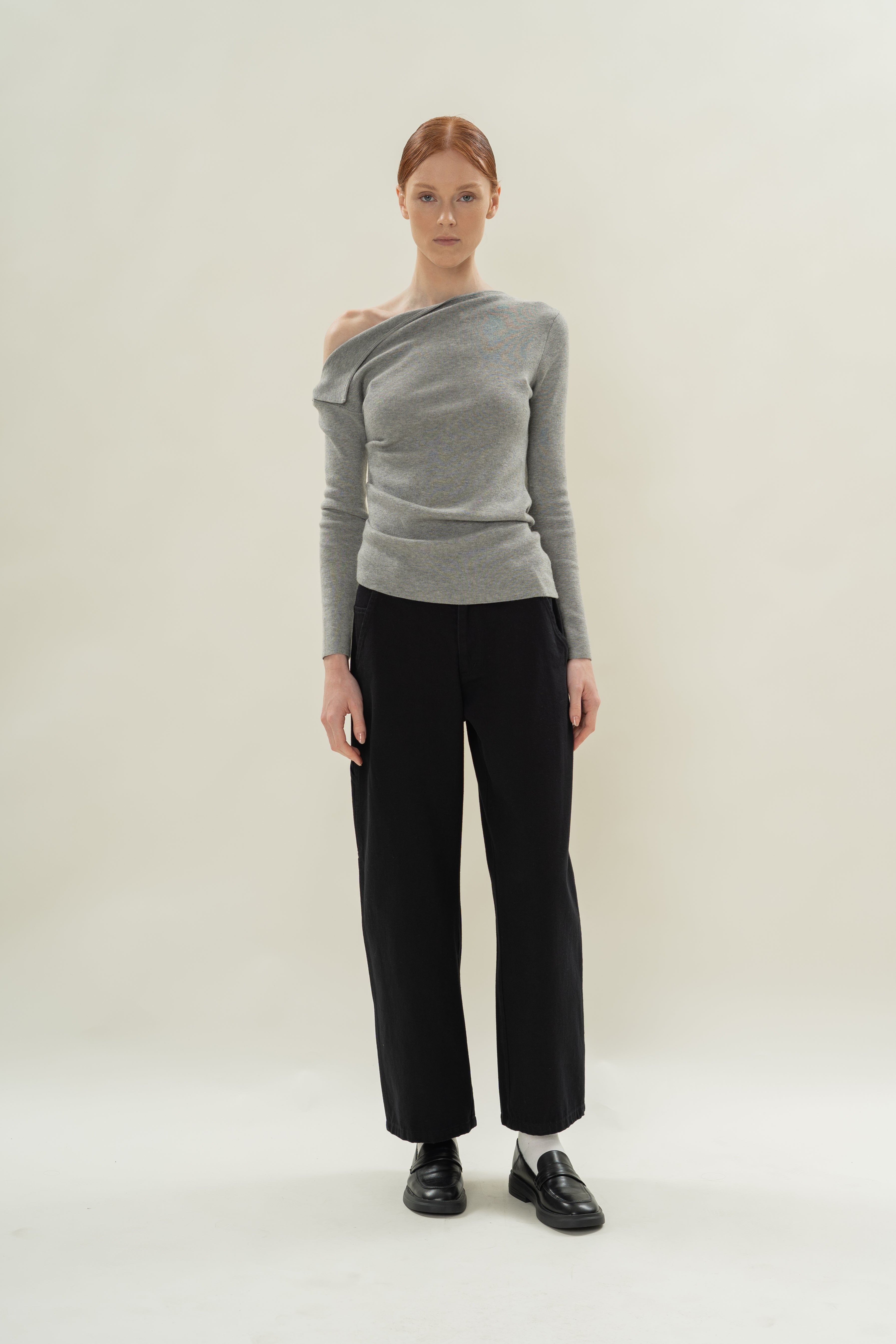 Foldover Neckline Long Sleeve Knit Top in Heather Grey