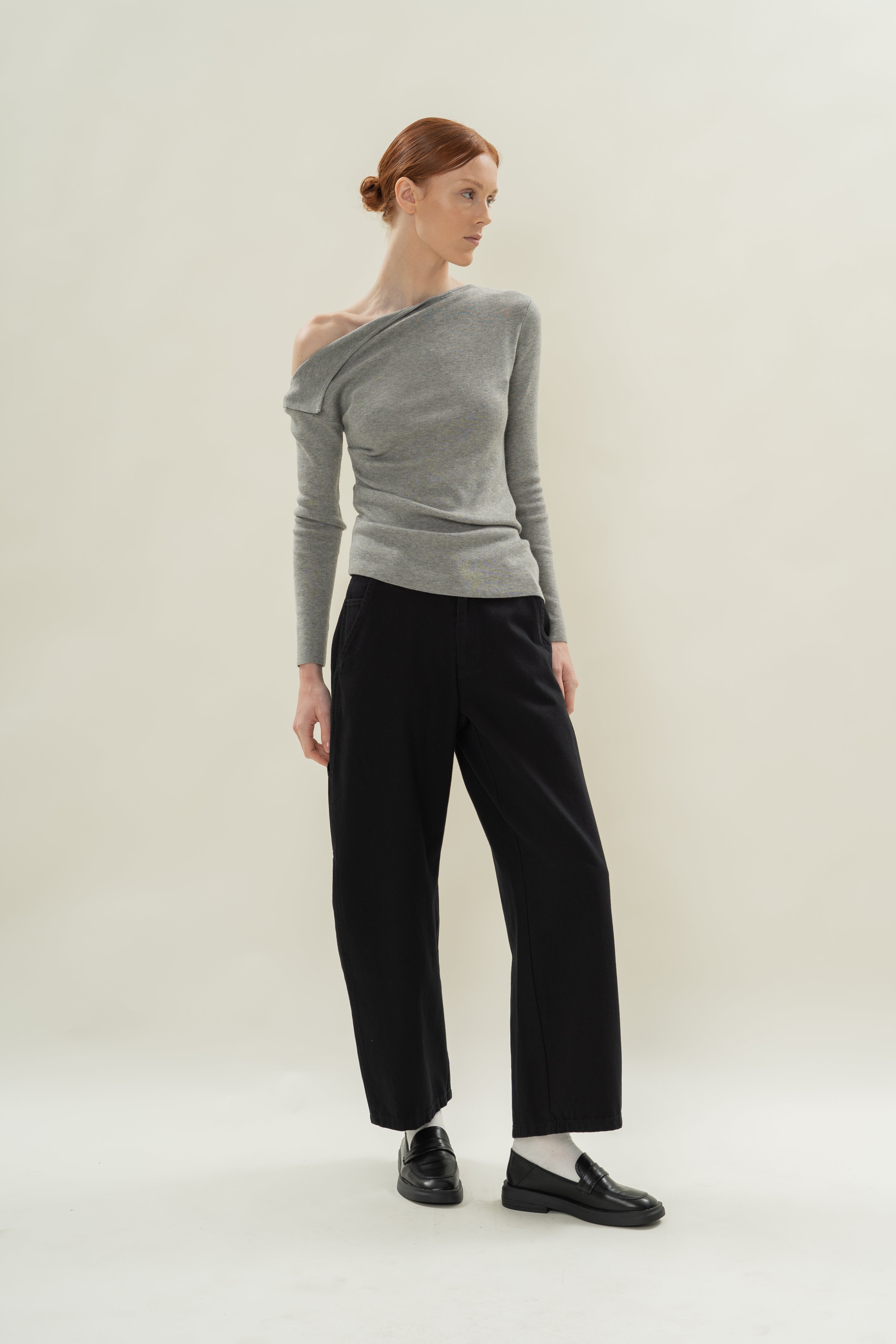 Foldover Neckline Long Sleeve Knit Top in Heather Grey
