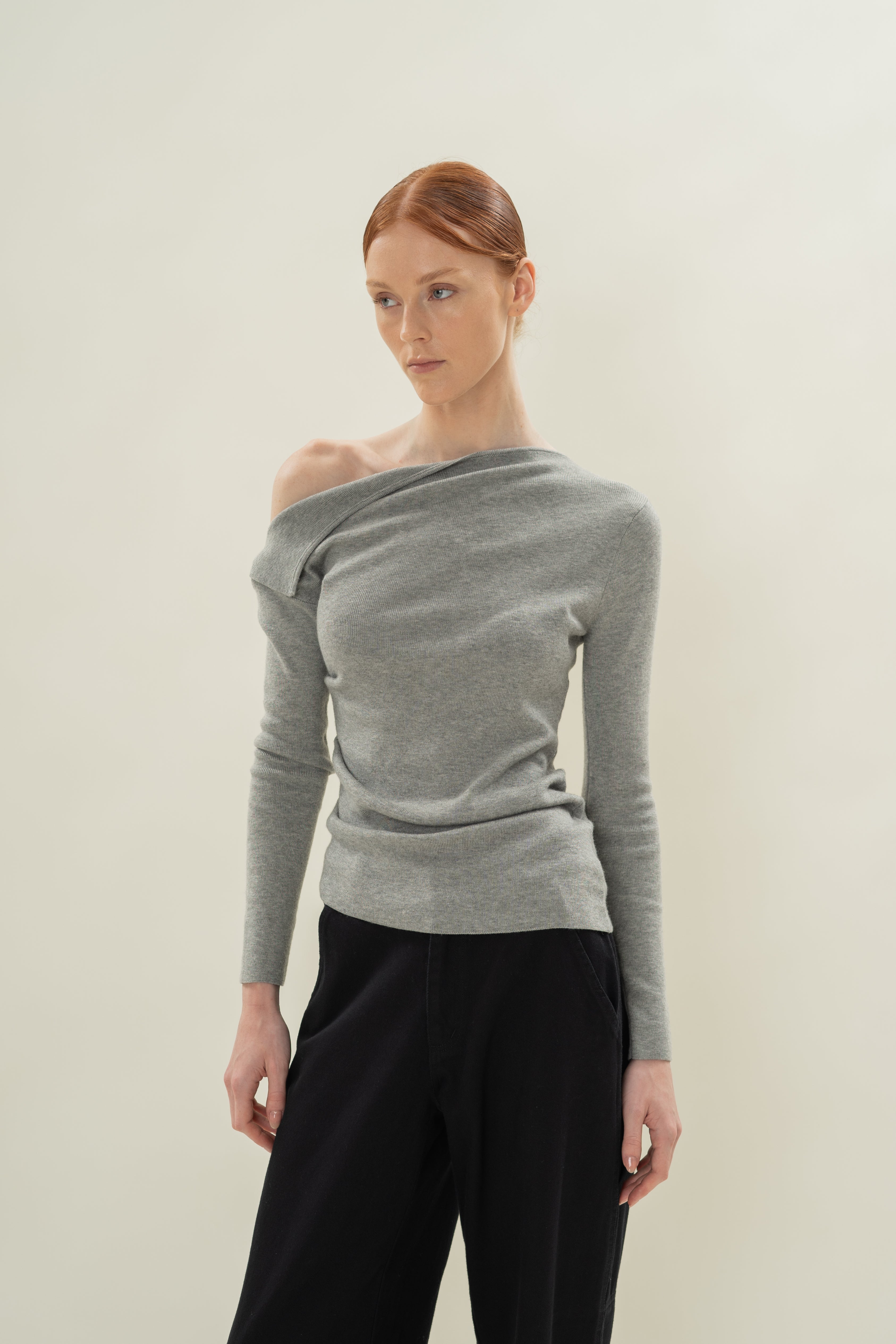 Foldover Neckline Long Sleeve Knit Top in Heather Grey
