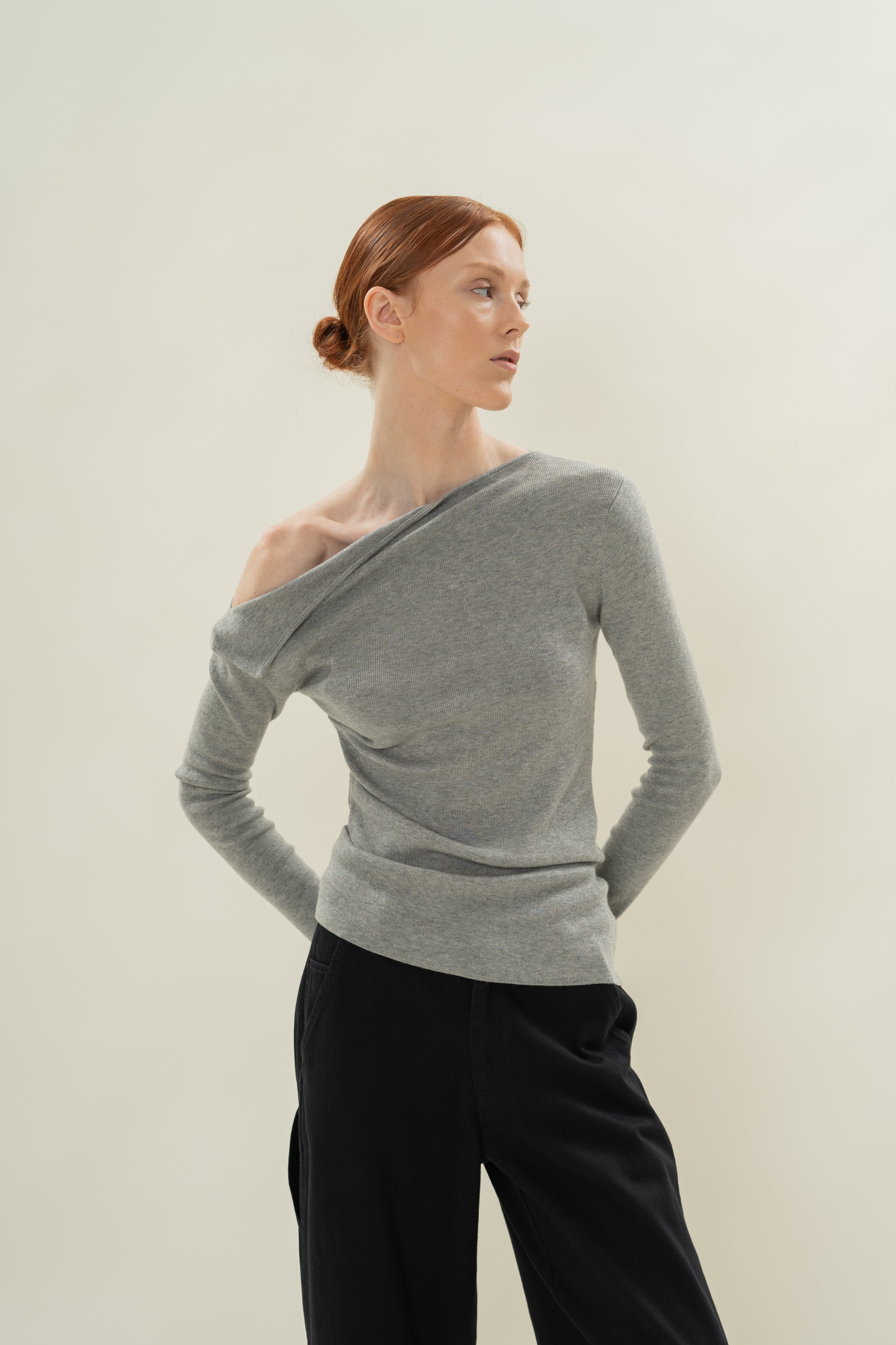 Foldover Neckline Long Sleeve Knit Top in Heather Grey