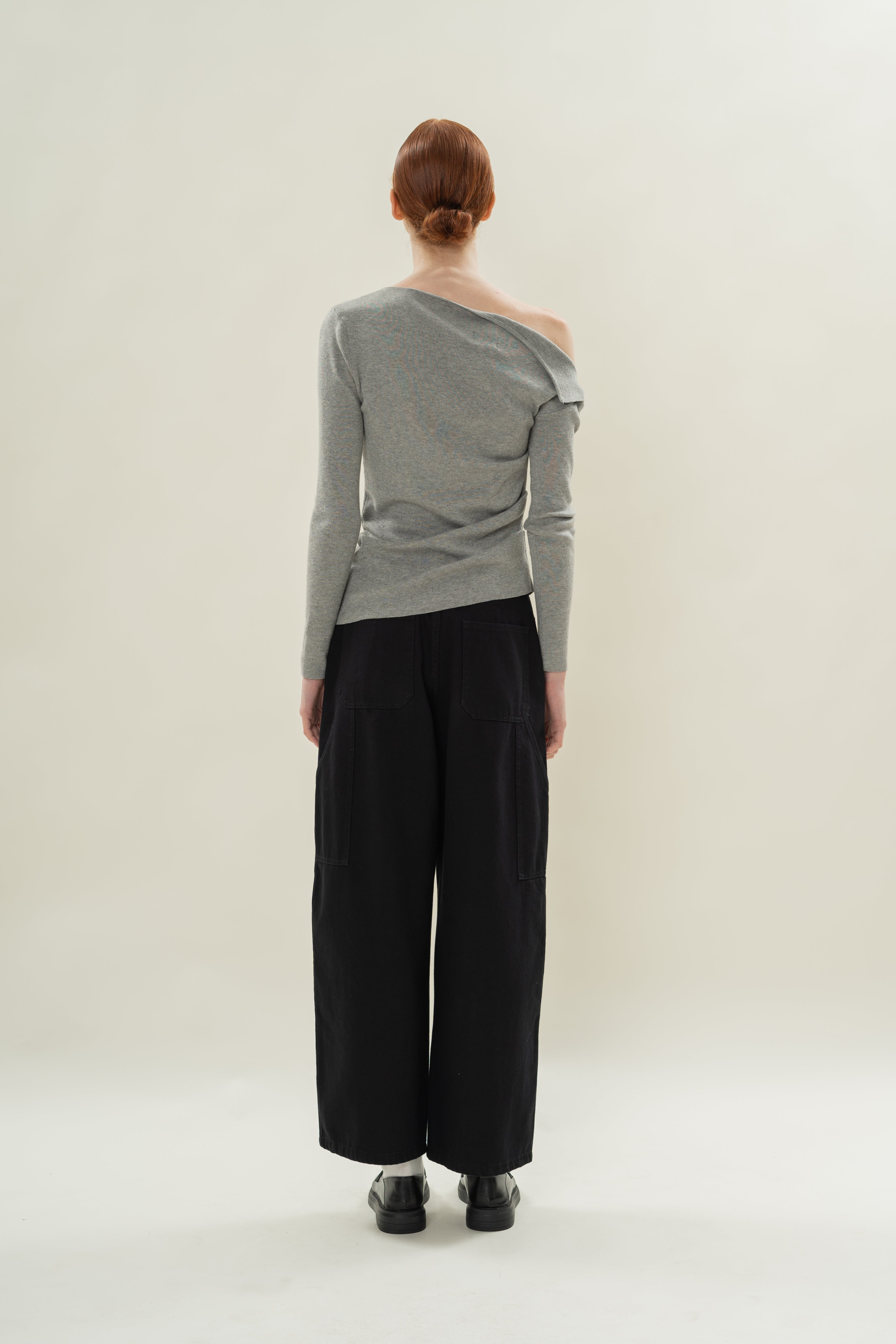 Foldover Neckline Long Sleeve Knit Top in Heather Grey