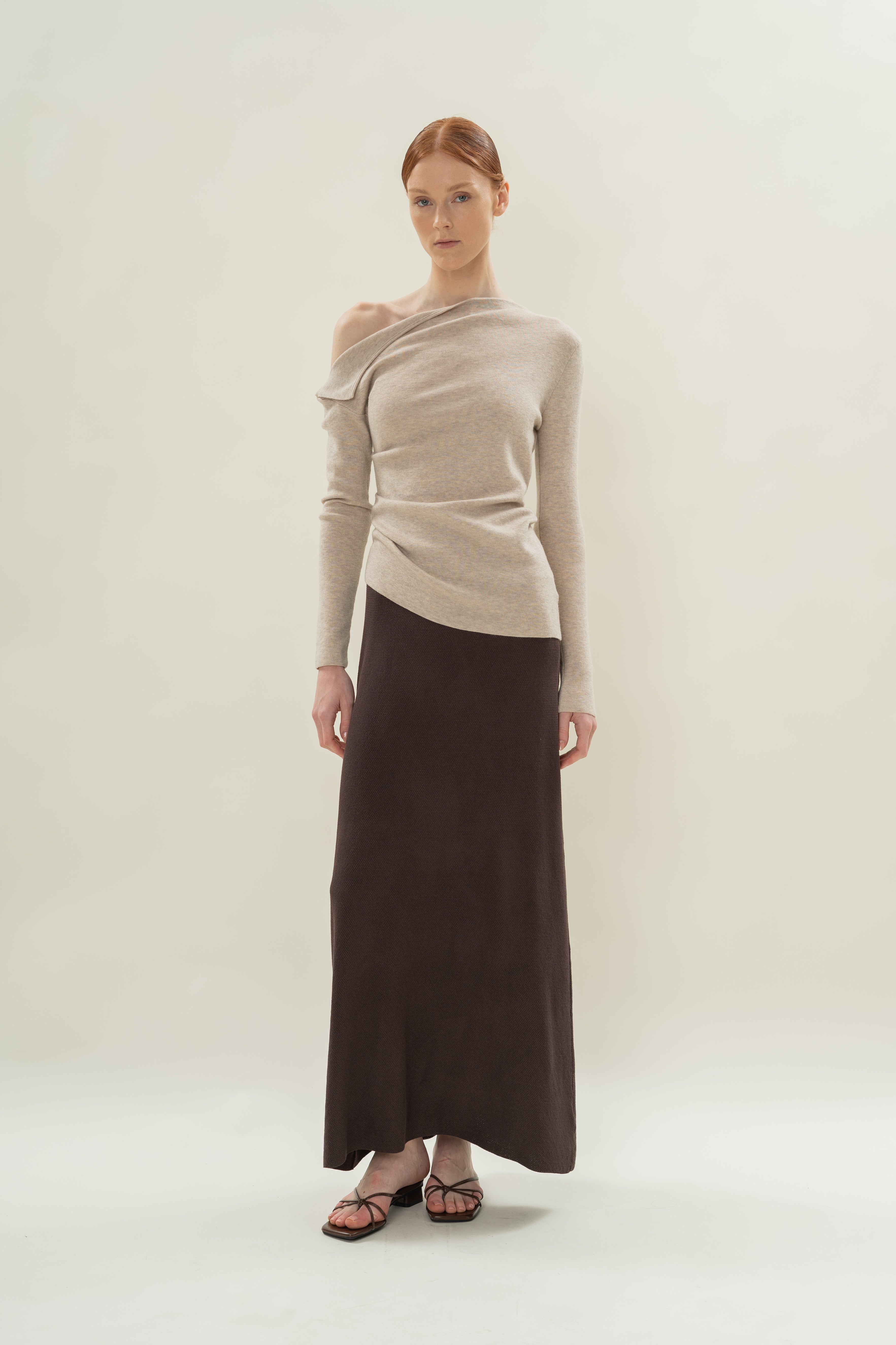 Foldover Neckline Long Sleeve Knit Top in Light Oak