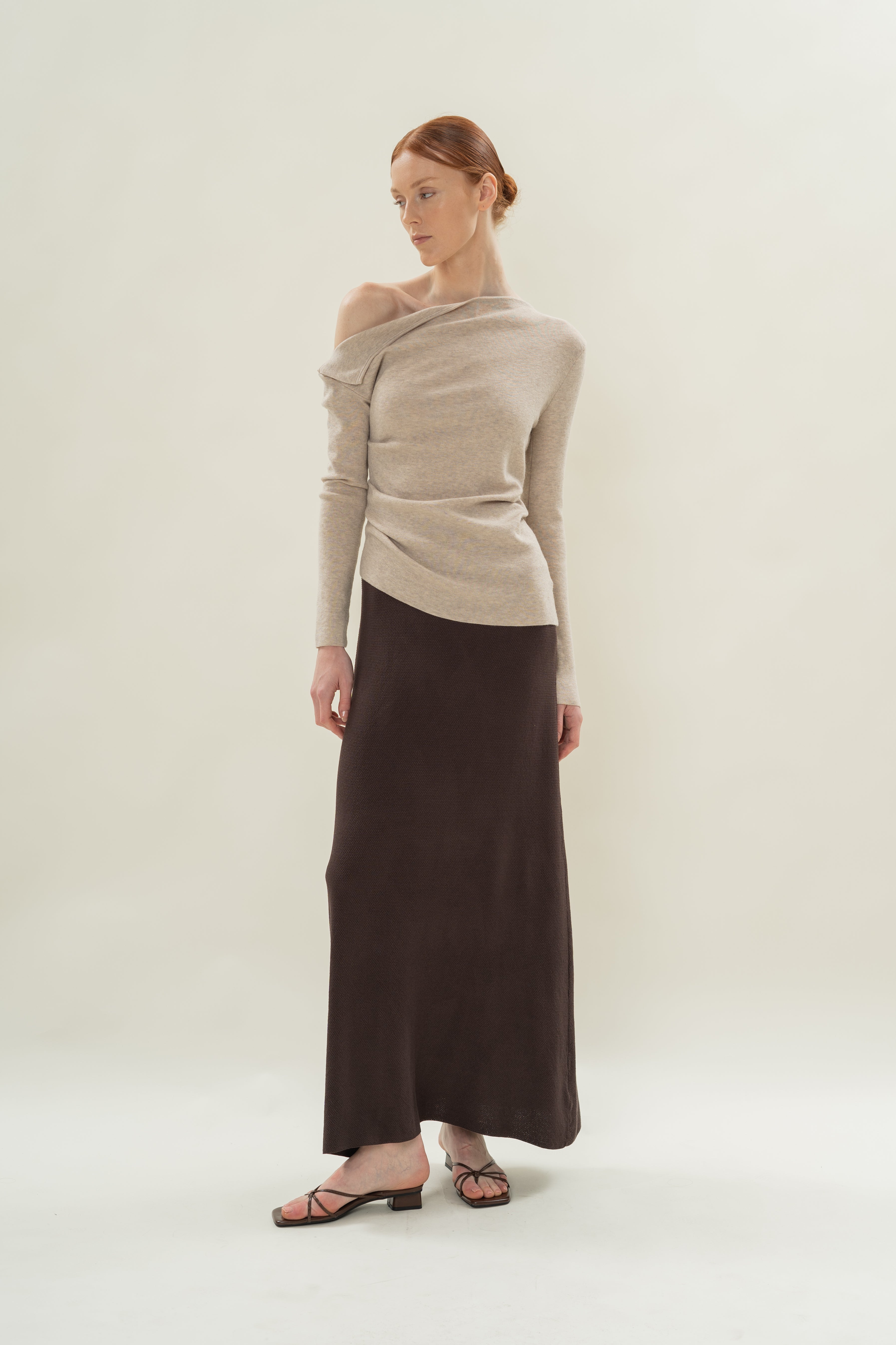 Foldover Neckline Long Sleeve Knit Top in Light Oak