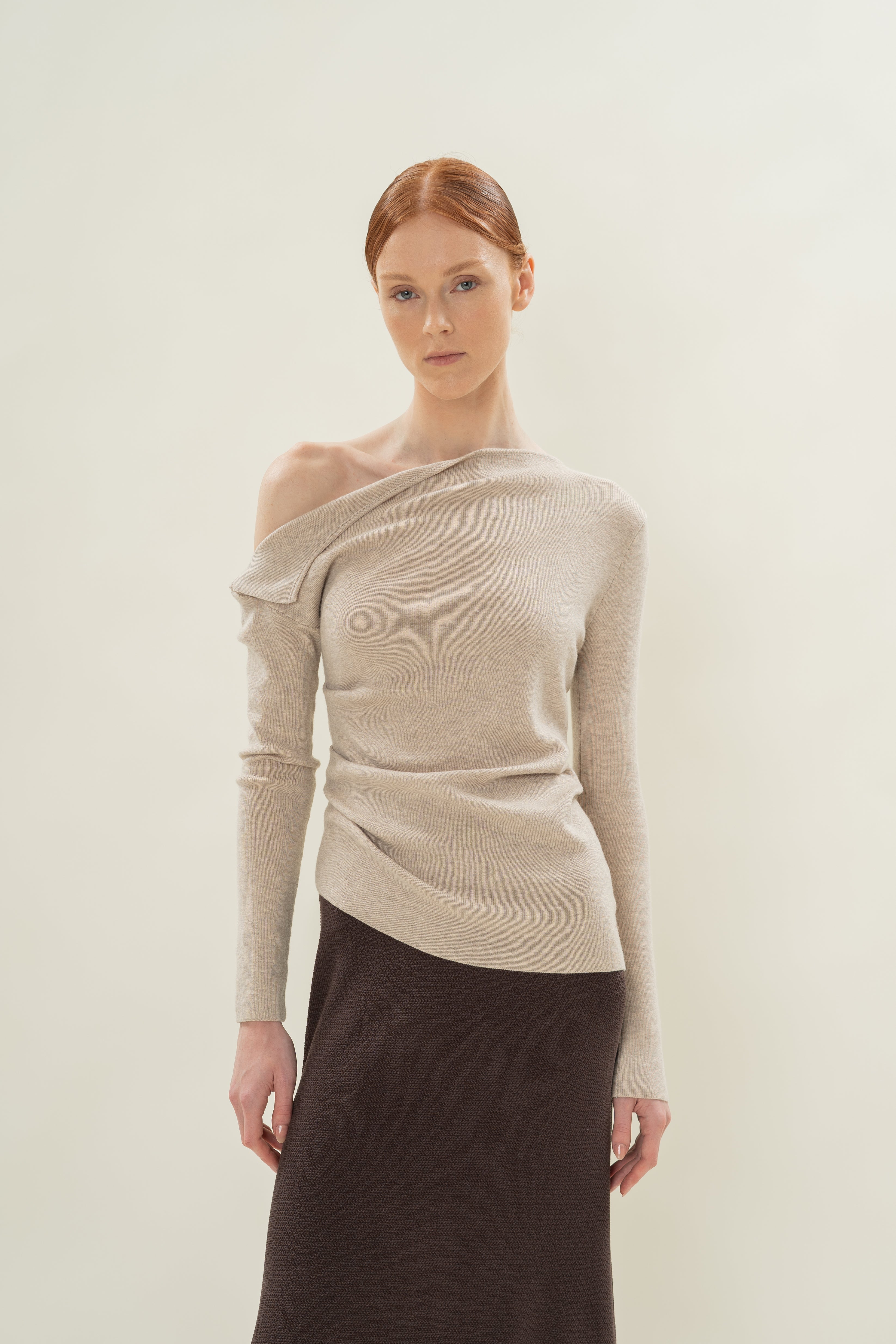 Foldover Neckline Long Sleeve Knit Top in Light Oak