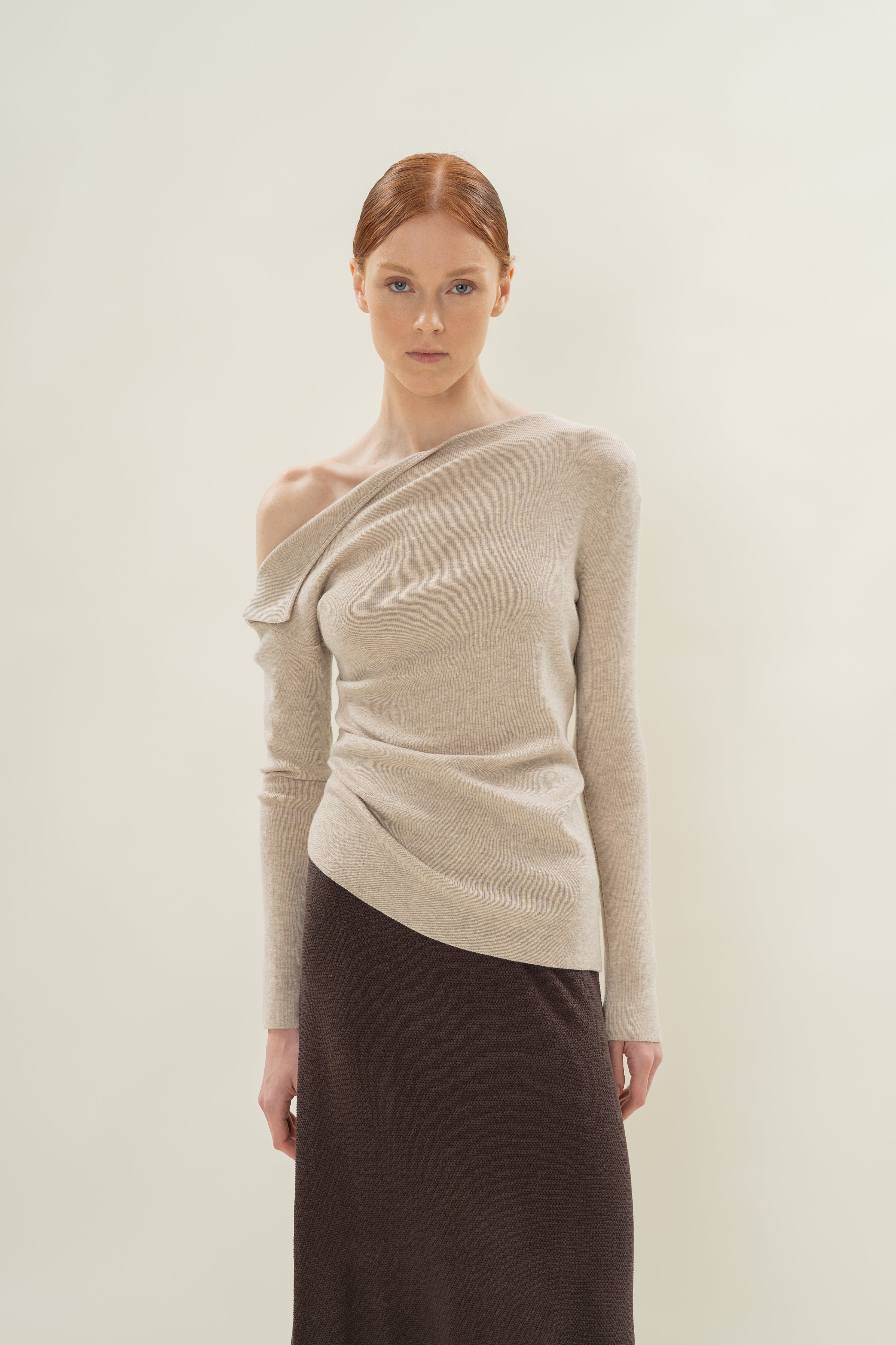 Foldover Neckline Long Sleeve Knit Top in Light Oak