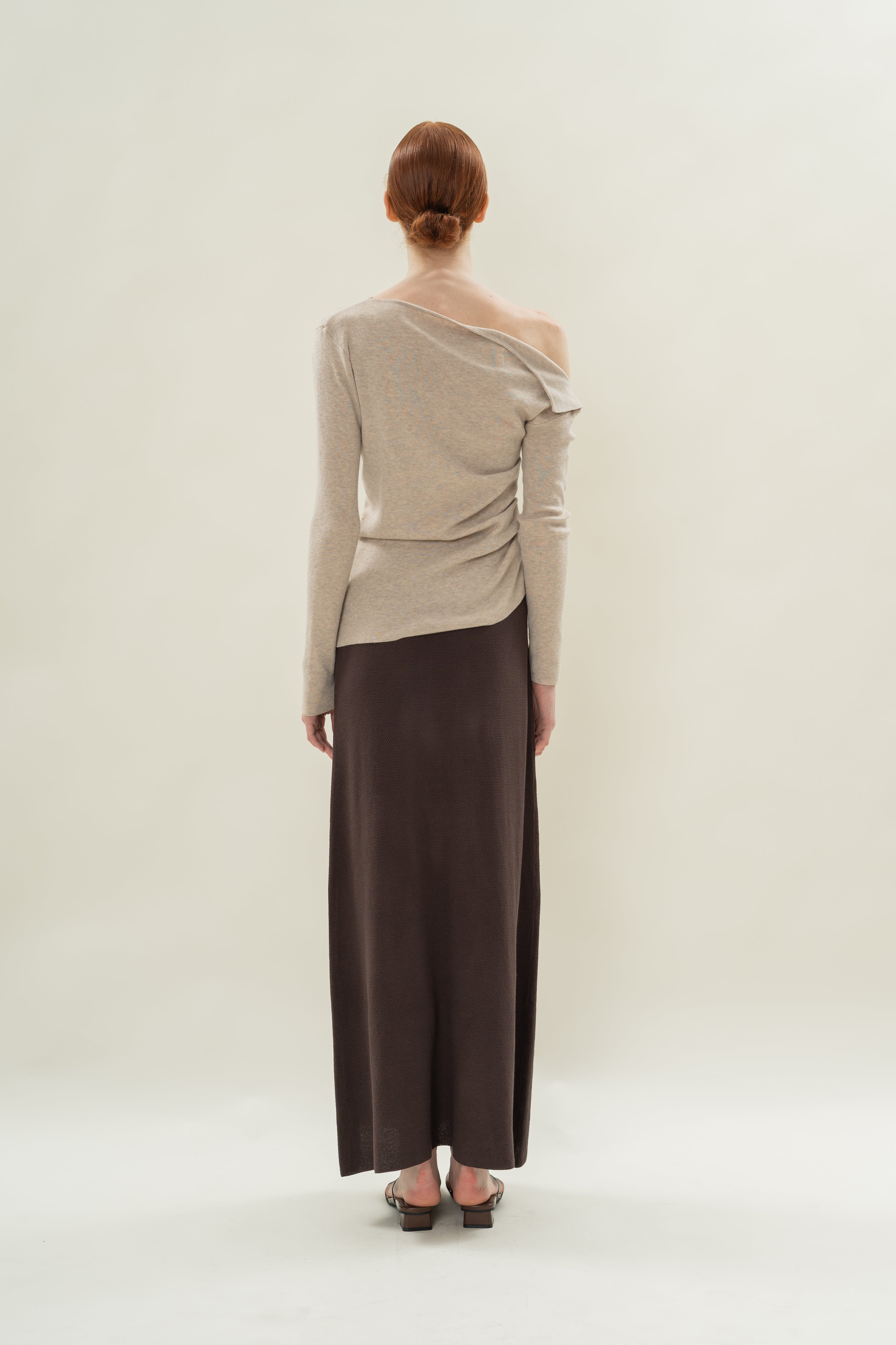 Foldover Neckline Long Sleeve Knit Top in Light Oak