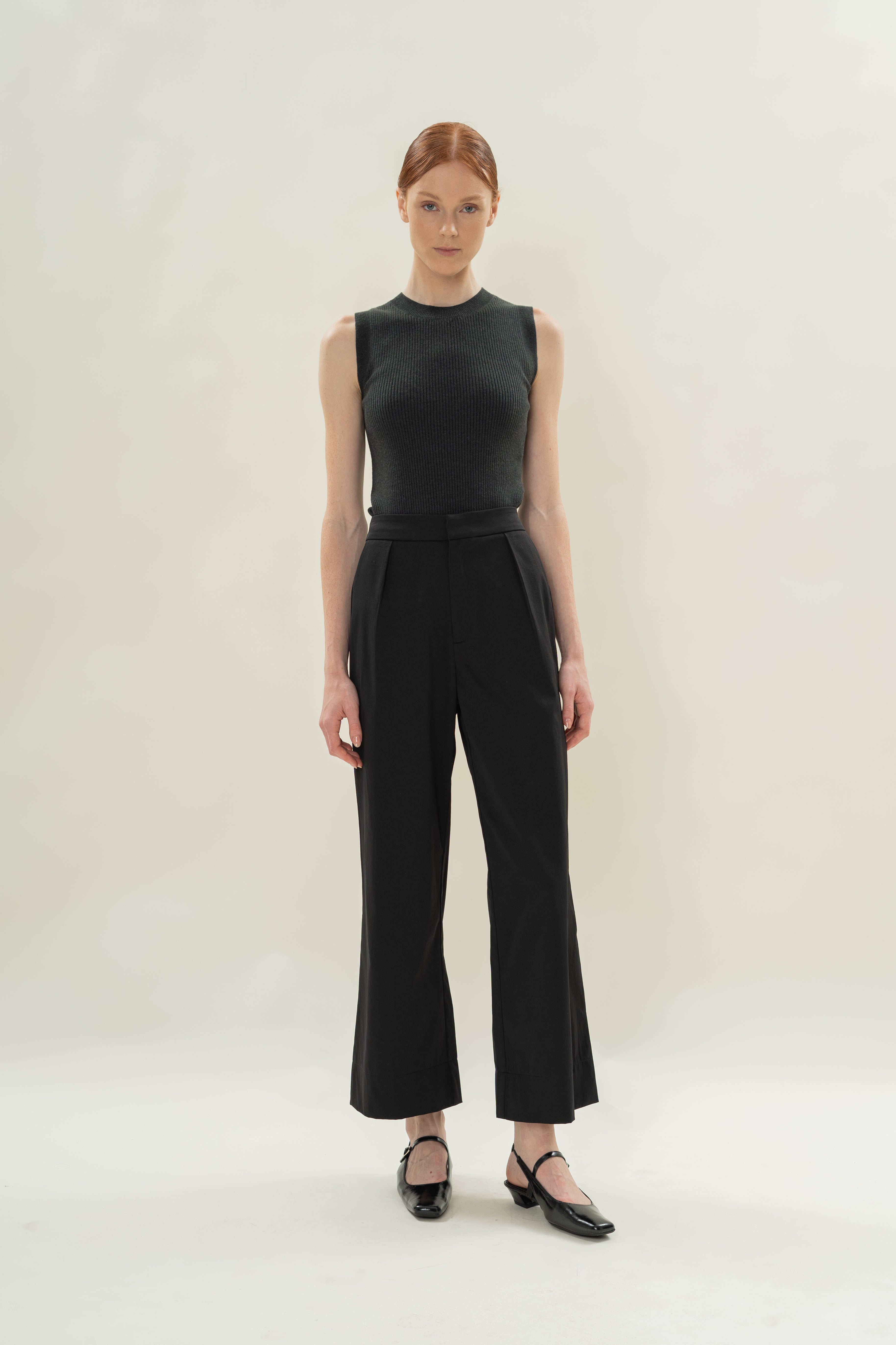 Pleated Straight Trousers in Black