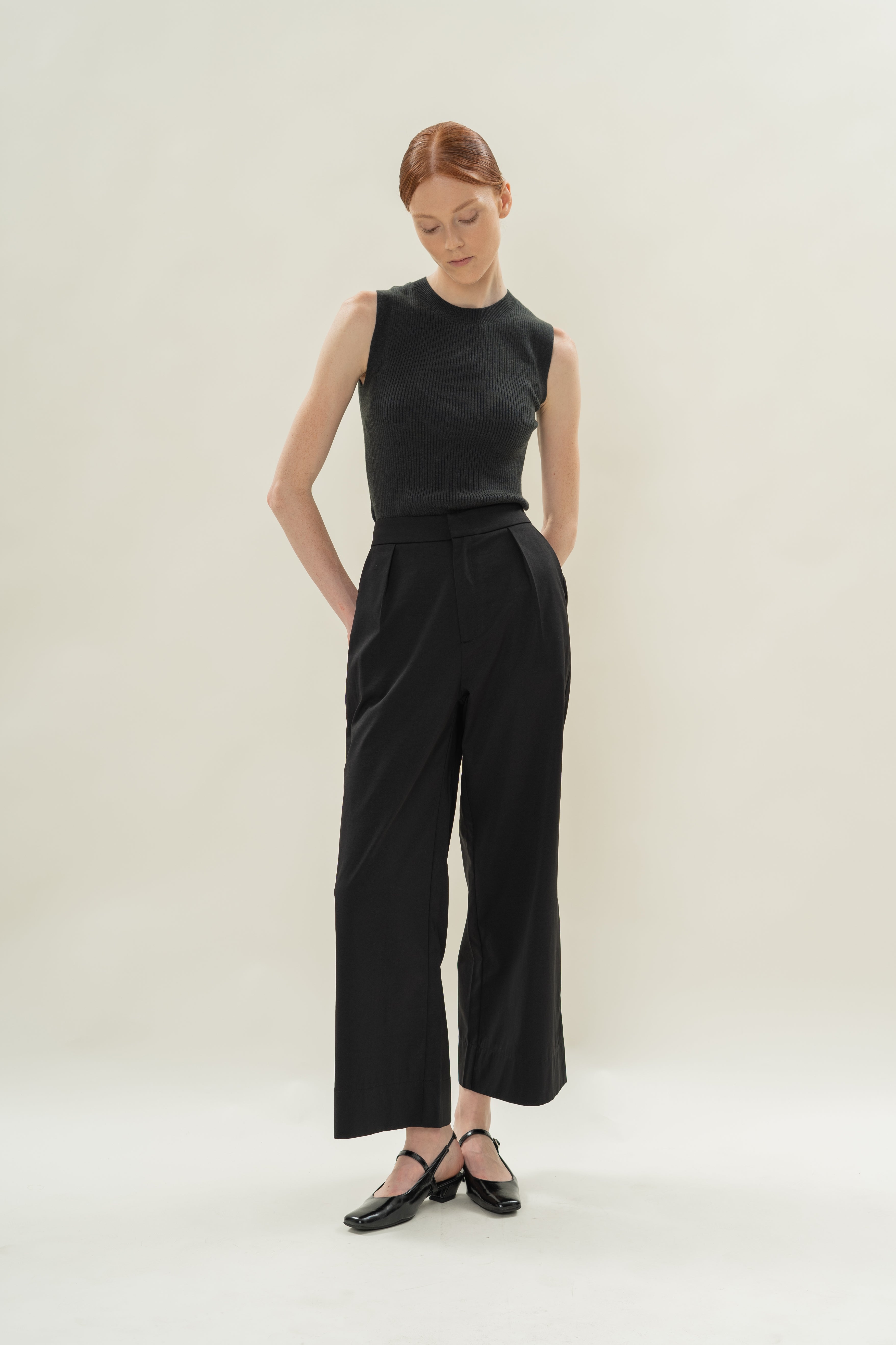Pleated Straight Trousers in Black