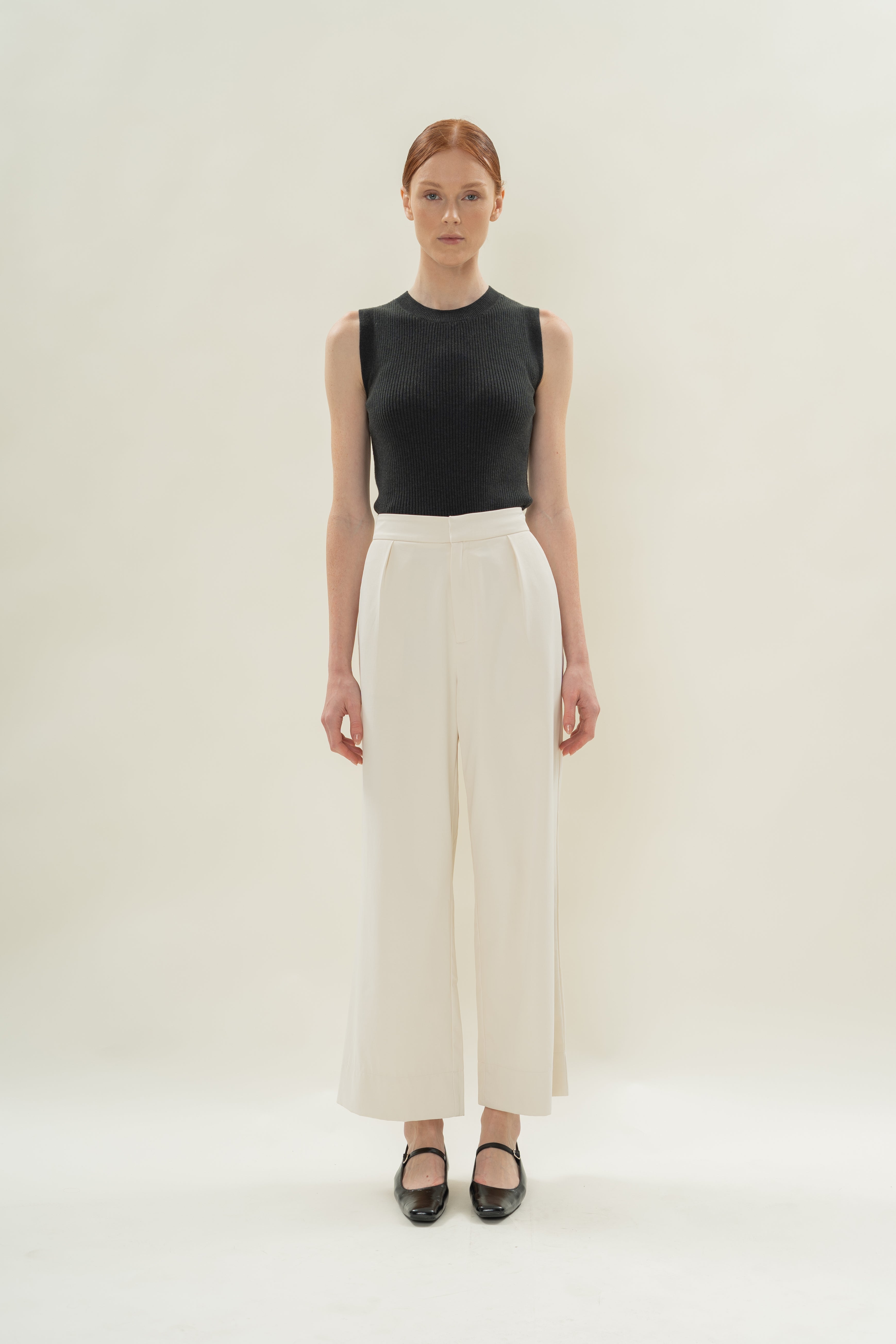 Pleated Straight Trousers in Natural