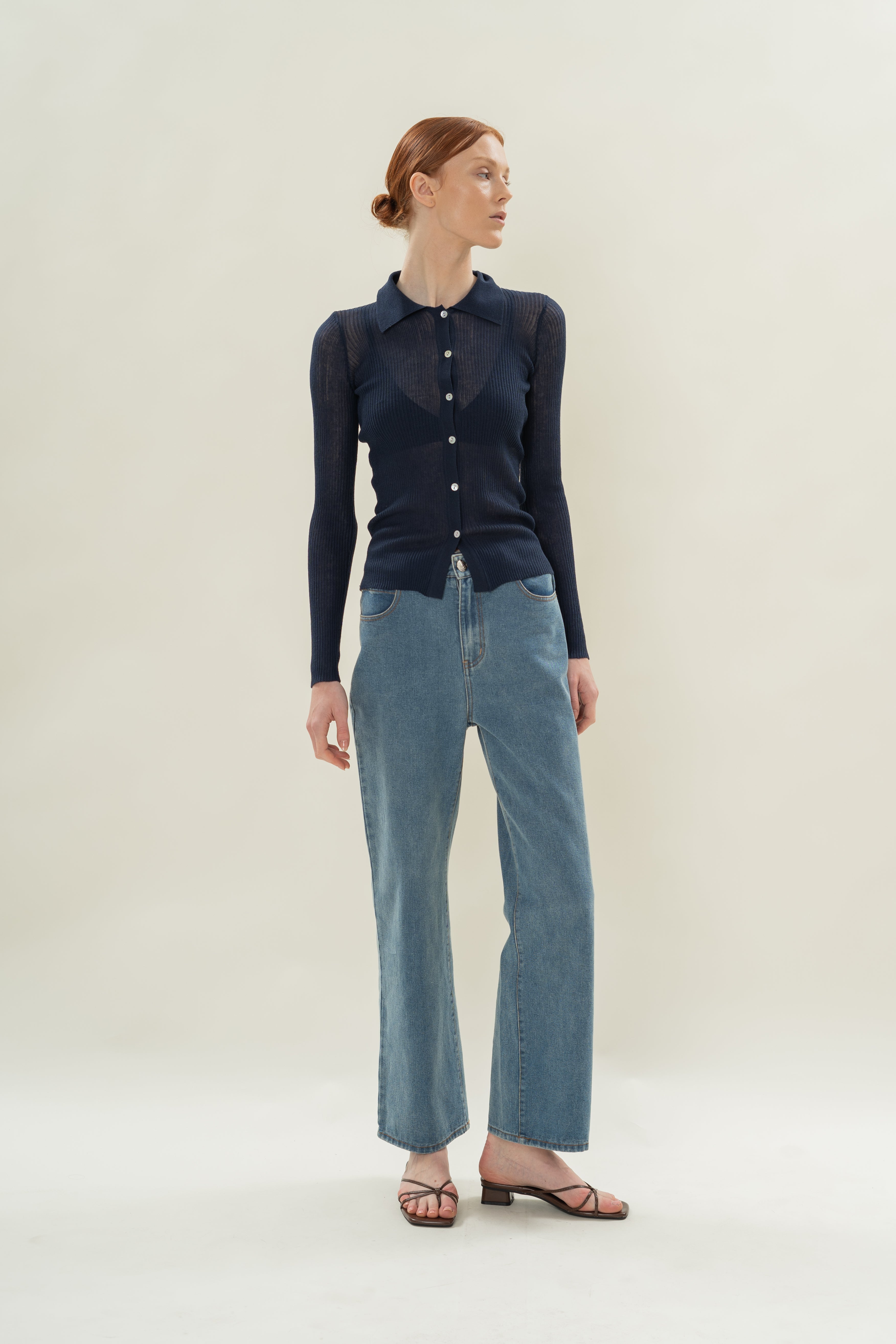 Fitted Sheer Knit Collared Top in Midnight