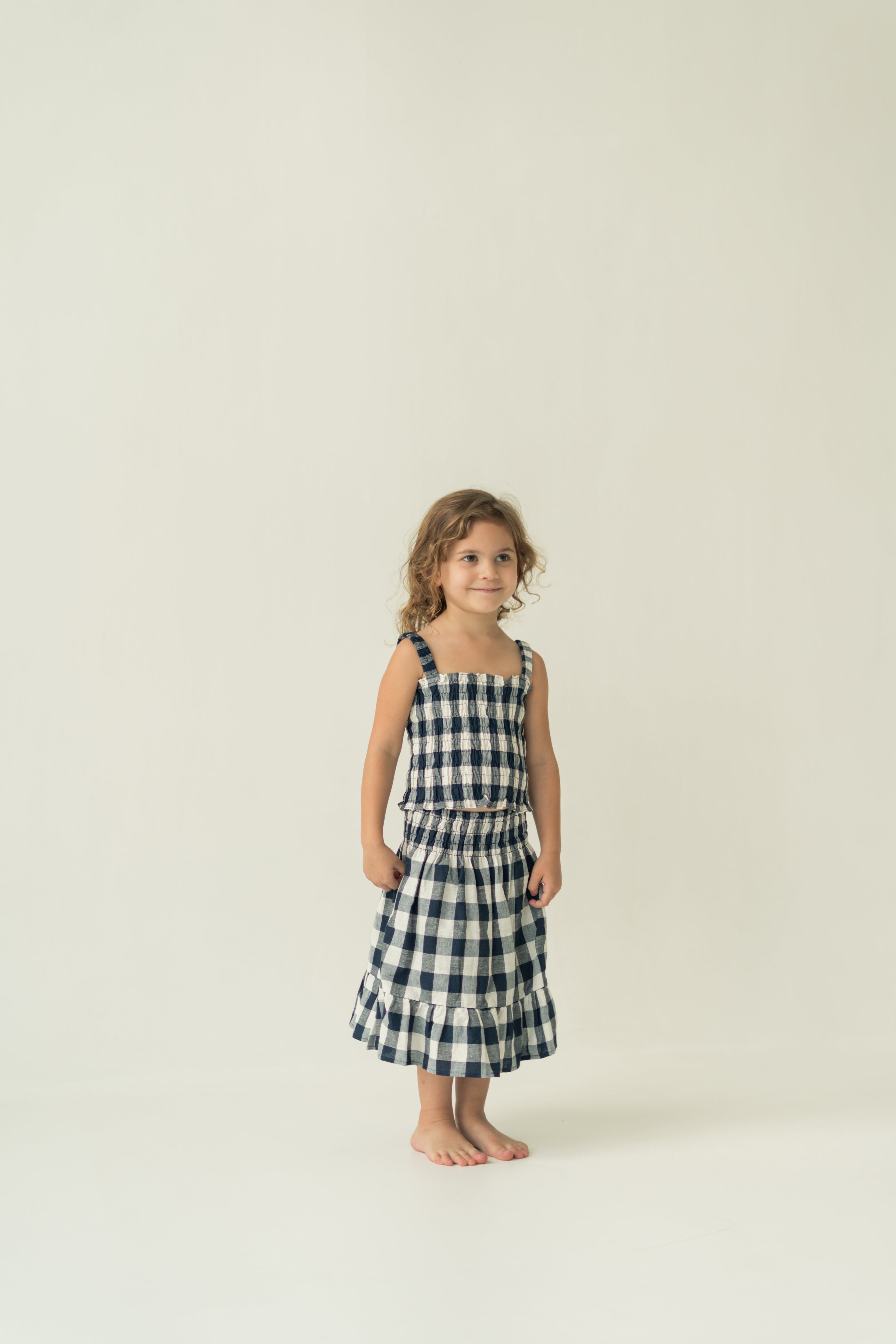 Mini Gathered Waist Skirt in Navy Gingham