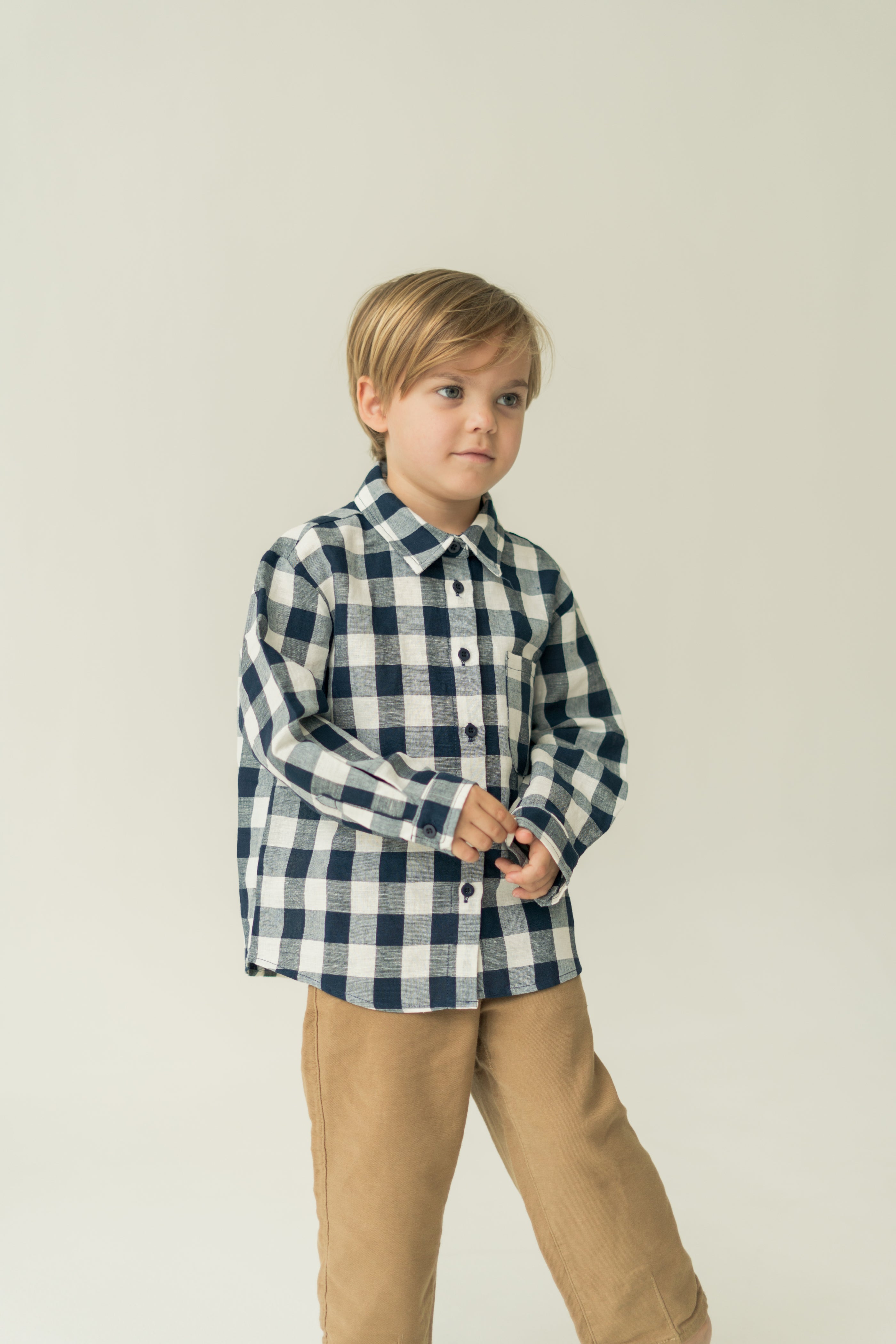 Mini Long Sleeved Shirt in Navy Gingham