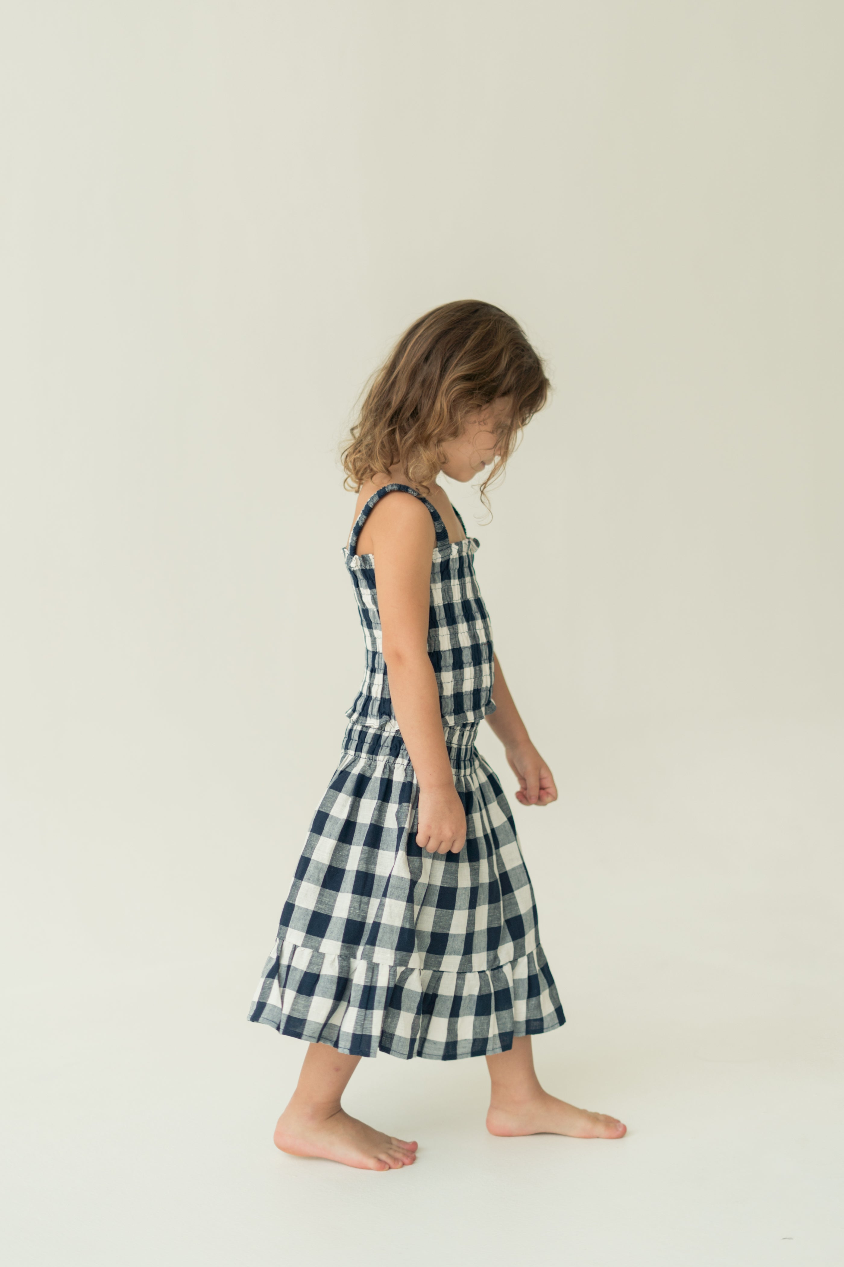 Mini Gathered Waist Skirt in Navy Gingham