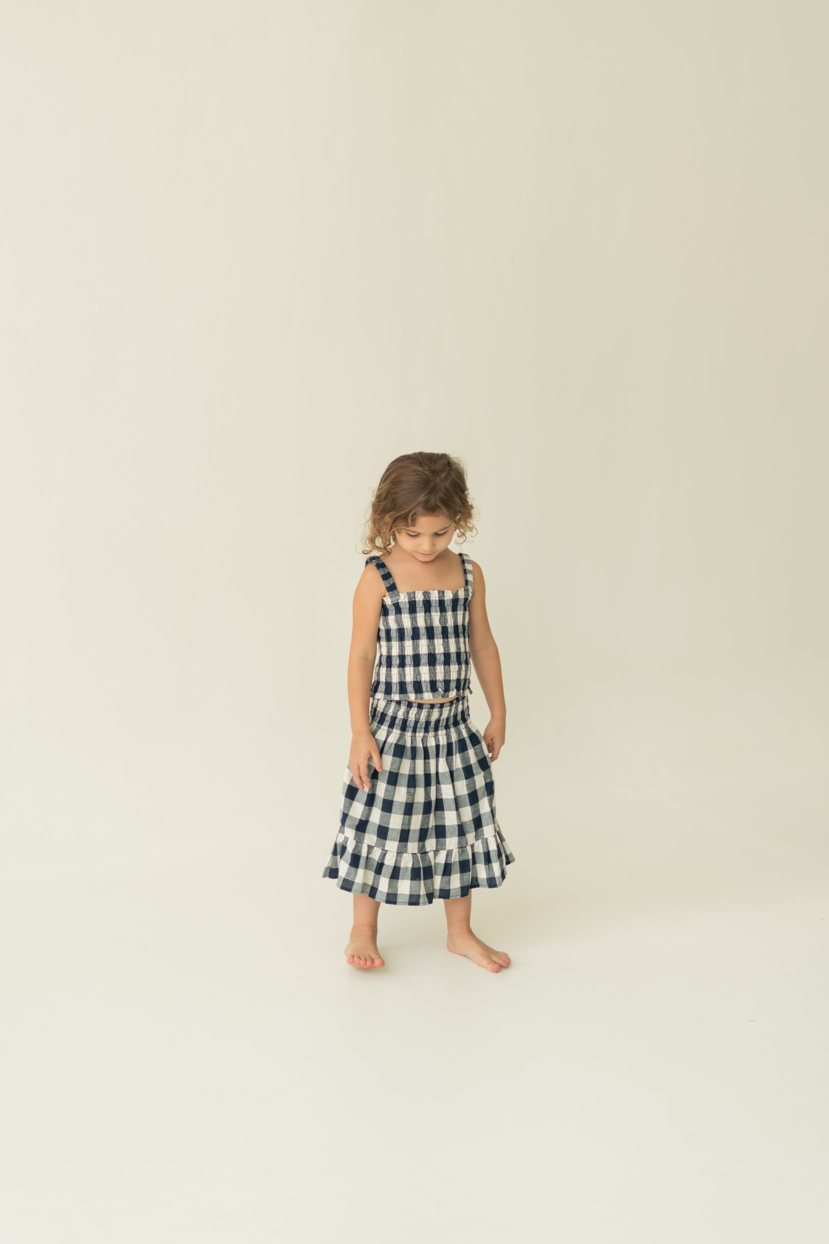 Mini Gathered Waist Skirt in Navy Gingham