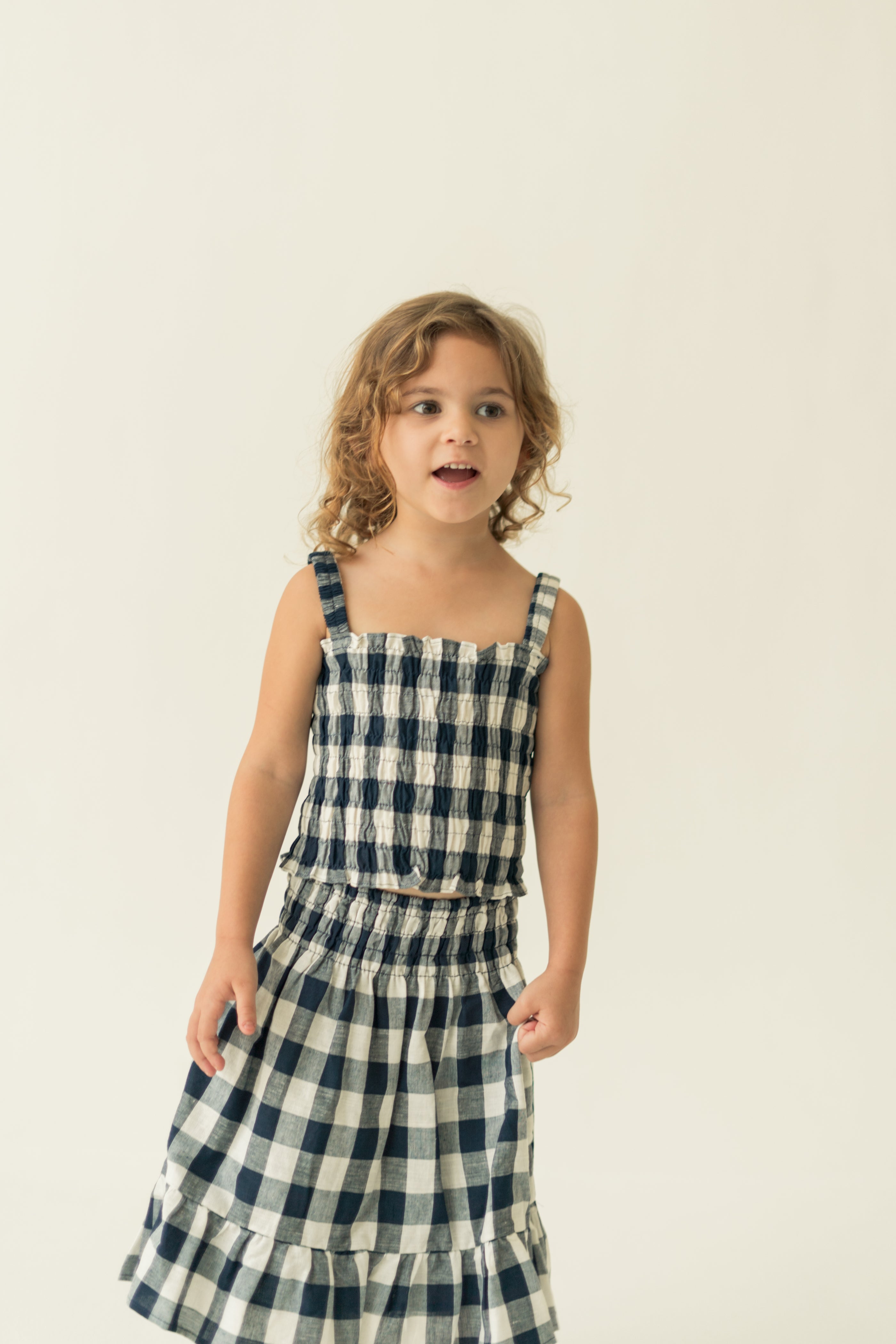 Mini Gathered Waist Skirt in Navy Gingham