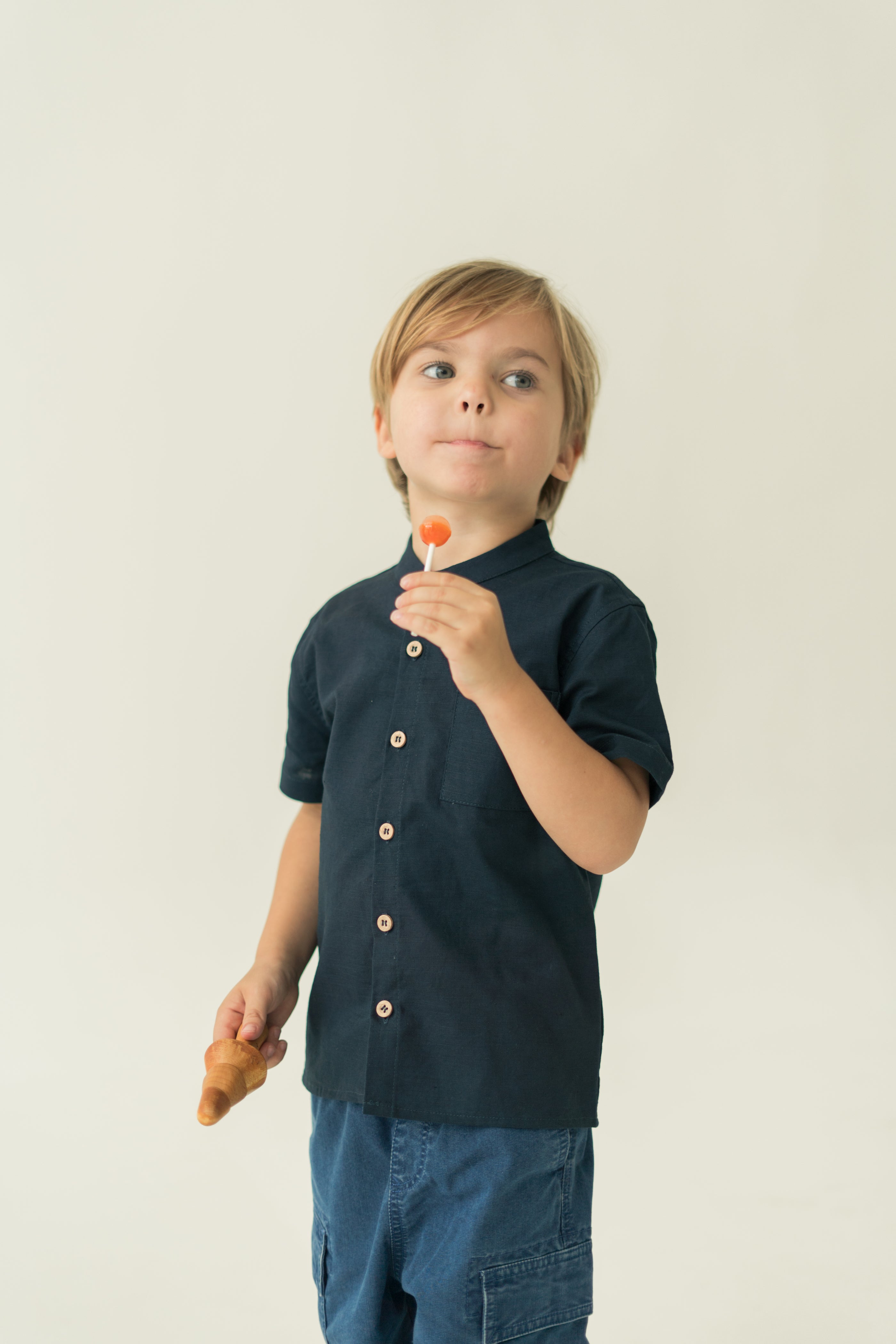 Mini Mandarin Collar Shirt in Midnight