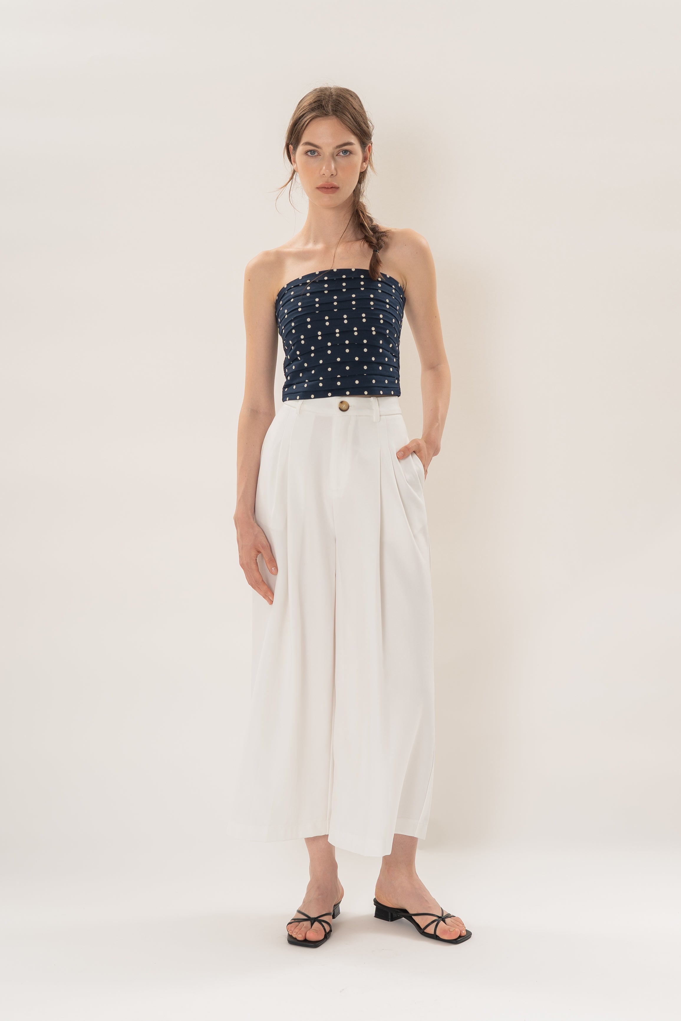 Petite Linear Pleat Wide-Leg Trousers in White